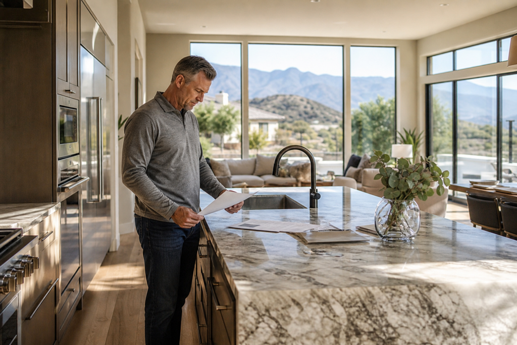 Seller holding a signed listing contract in a luxury Rancho Cucamonga kitchen