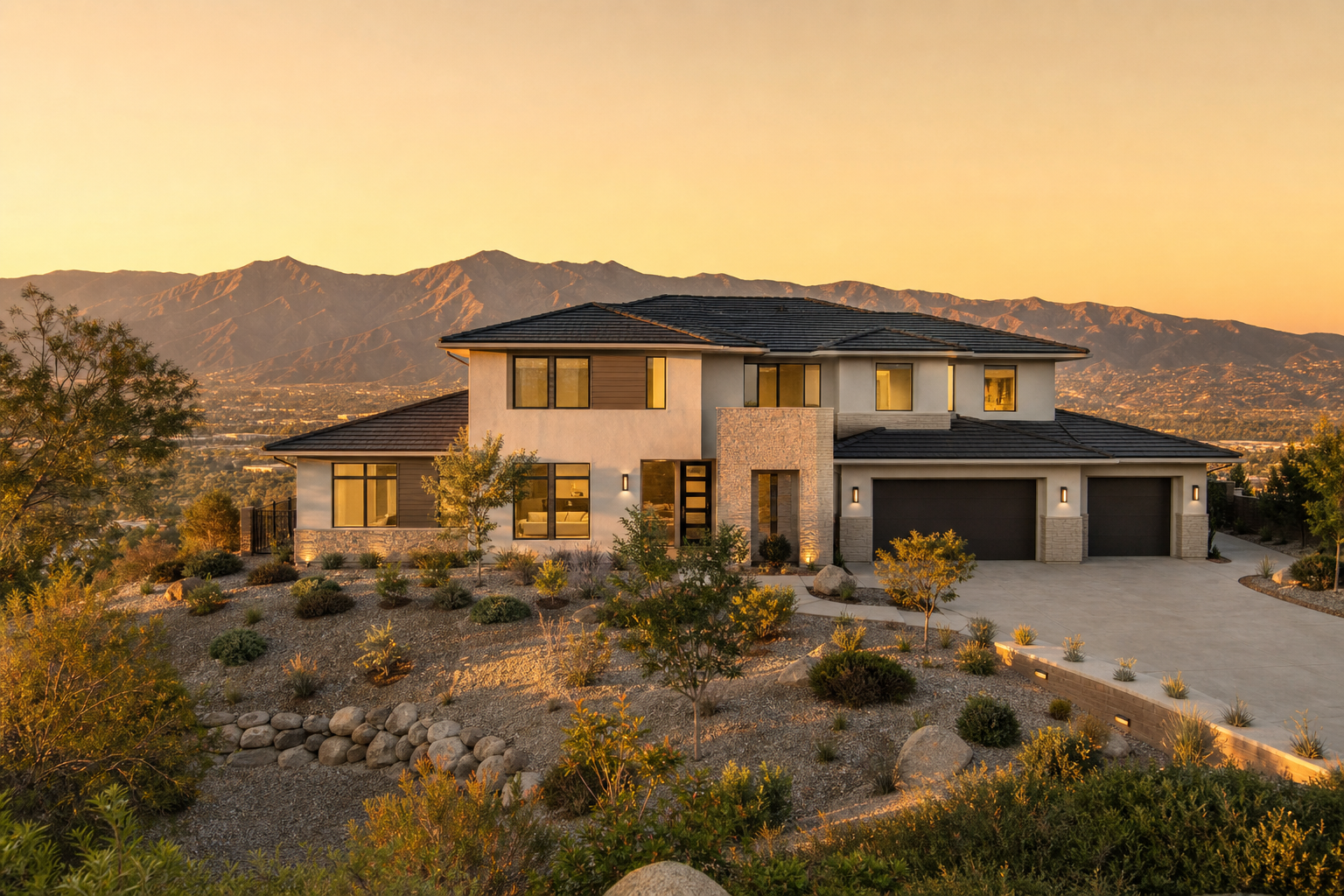 Hyper-realistic professional real estate photography, high-end DSLR camera, natural lighting, perfect exposure, photorealistic: Sweeping wide-angle establishing shot of a luxury master-planned residential community nestled against the foothills of the San Gabriel Mountains in Rancho Cucamonga. Golden hour sunlight bathes two-story Mediterranean and modern architectural-style homes with cream, taupe, and charcoal exteriors. Oversized lots display mature drought-resistant landscaping with California native plants, olive trees, and ornamental grasses. In the background, rolling chaparral-covered mountains create dramatic depth. A gently curved private street winds through the community lined with elegant street trees and subtle landscape lighting. Clear blue sky with wispy clouds. Professional architectural lighting enhances home facades. NO visible text, signs, house numbers, street names, or readable words anywhere. Composition emphasizes scale, luxury, and prestigious foothill location authentic to northeastern Rancho Cucamonga's Etiwanda area. --- ##