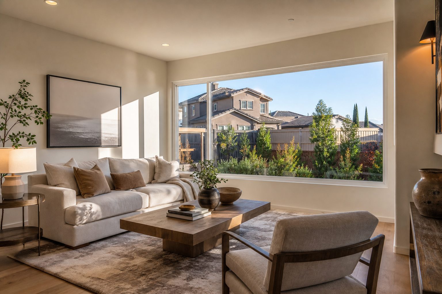 Updated Rancho Cucamonga home interior with morning light, window view of suburban neighborhood and distant mountains.