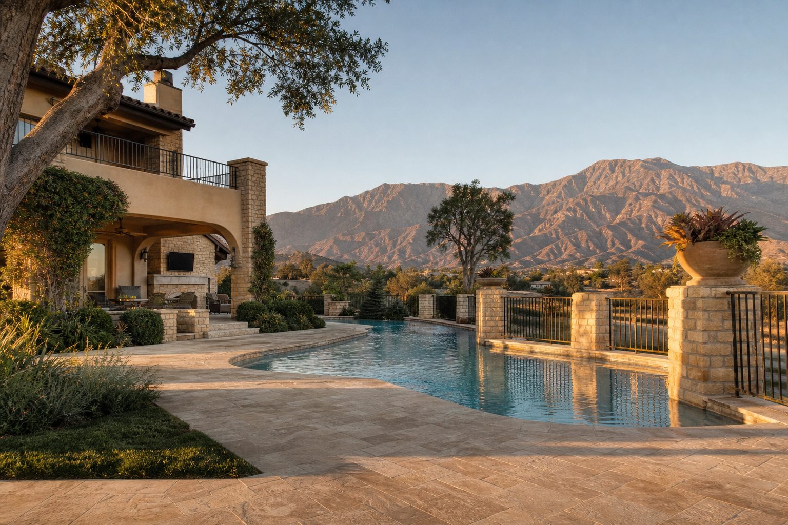 Luxury foothill estate backyard with infinity pool, travertine deck, and San Gabriel Mountain views in Etiwanda.