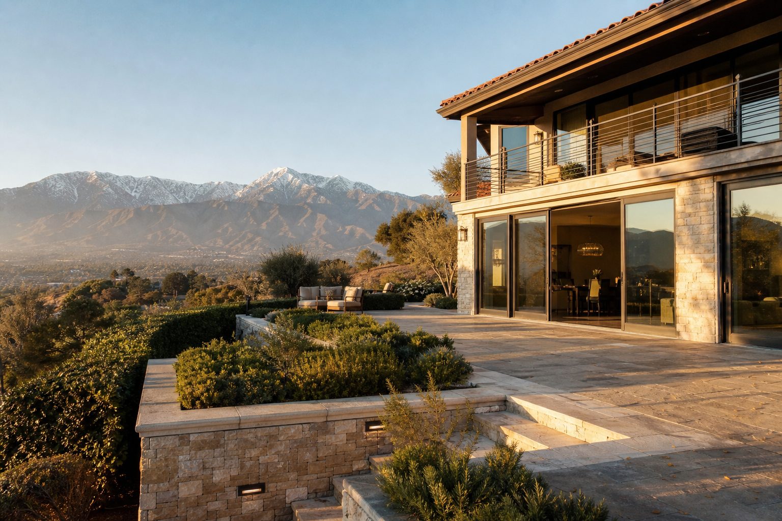 Elevated contemporary home in north Alta Loma with unobstructed San Gabriel Mountains panorama including Mt. Baldy snowcap at golden hour.