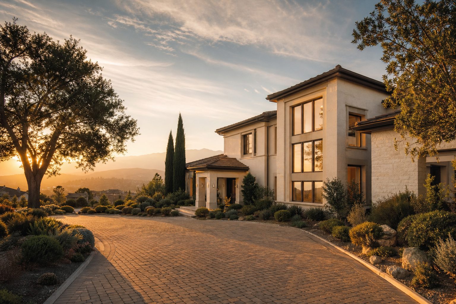Luxury contemporary estate in Deer Creek foothills with stone exterior, manicured drought-resistant landscaping, and San Gabriel Mountains in