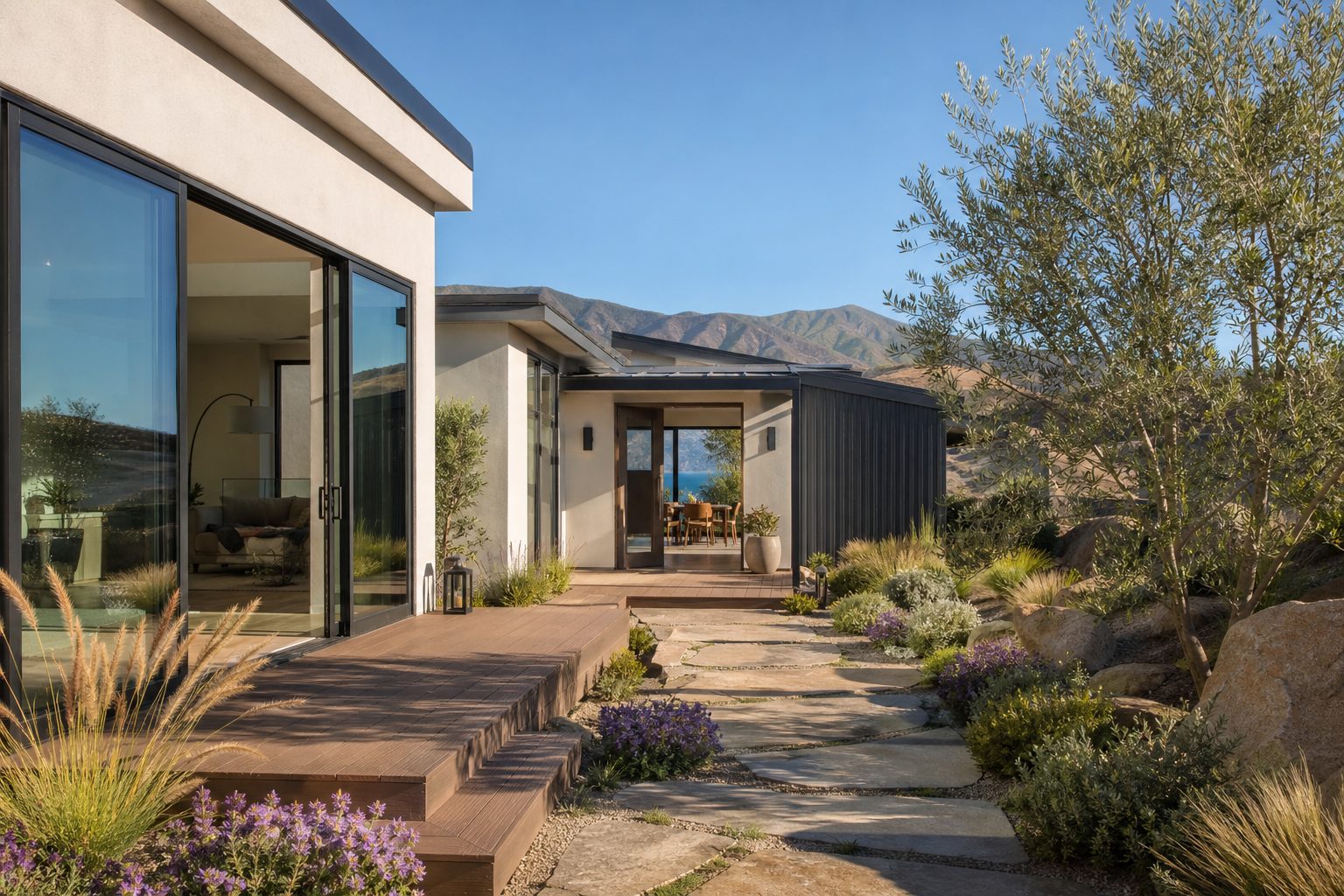 Contemporary new-construction home in Etiwanda with clean architecture, stone walkway, and native mountain views in full daylight.