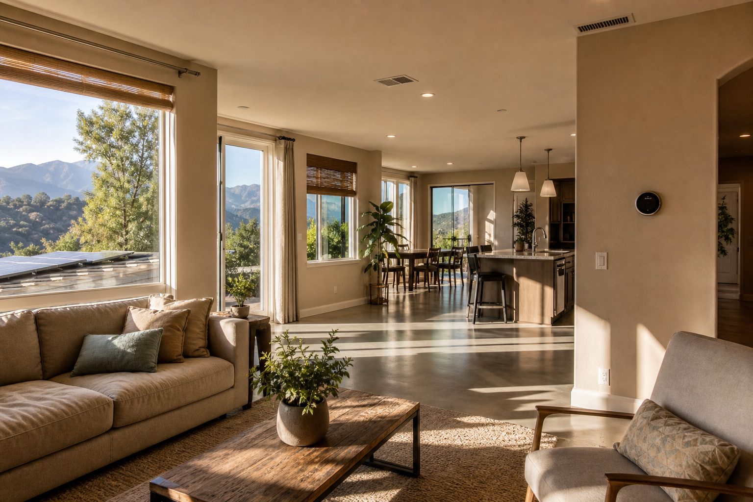 Bright interior living room with modern HVAC and solar-ready home in Etiwanda showing dual-pane windows and shade trees.