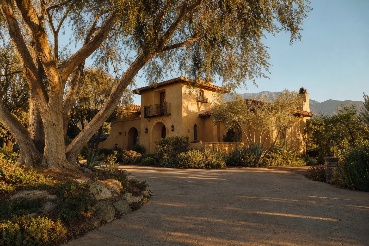 Two-story Mediterranean stucco home with clay tile details and pepper tree on sloped driveway in Deer Creek, Rancho Cucamonga foothills.