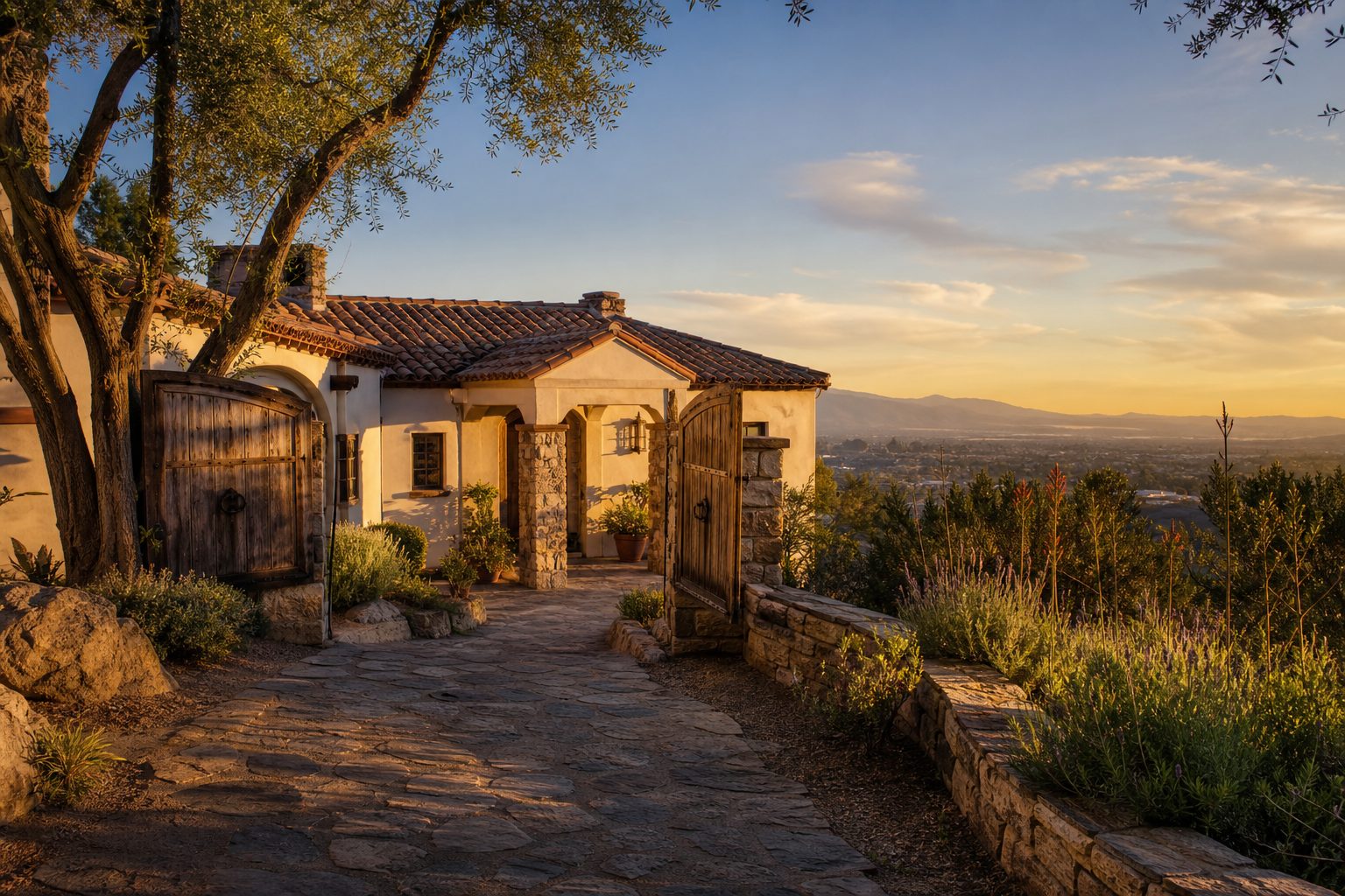Foothill estate home in Alta Loma with panoramic valley views, olive trees, and Spanish Colonial architecture at sunset.