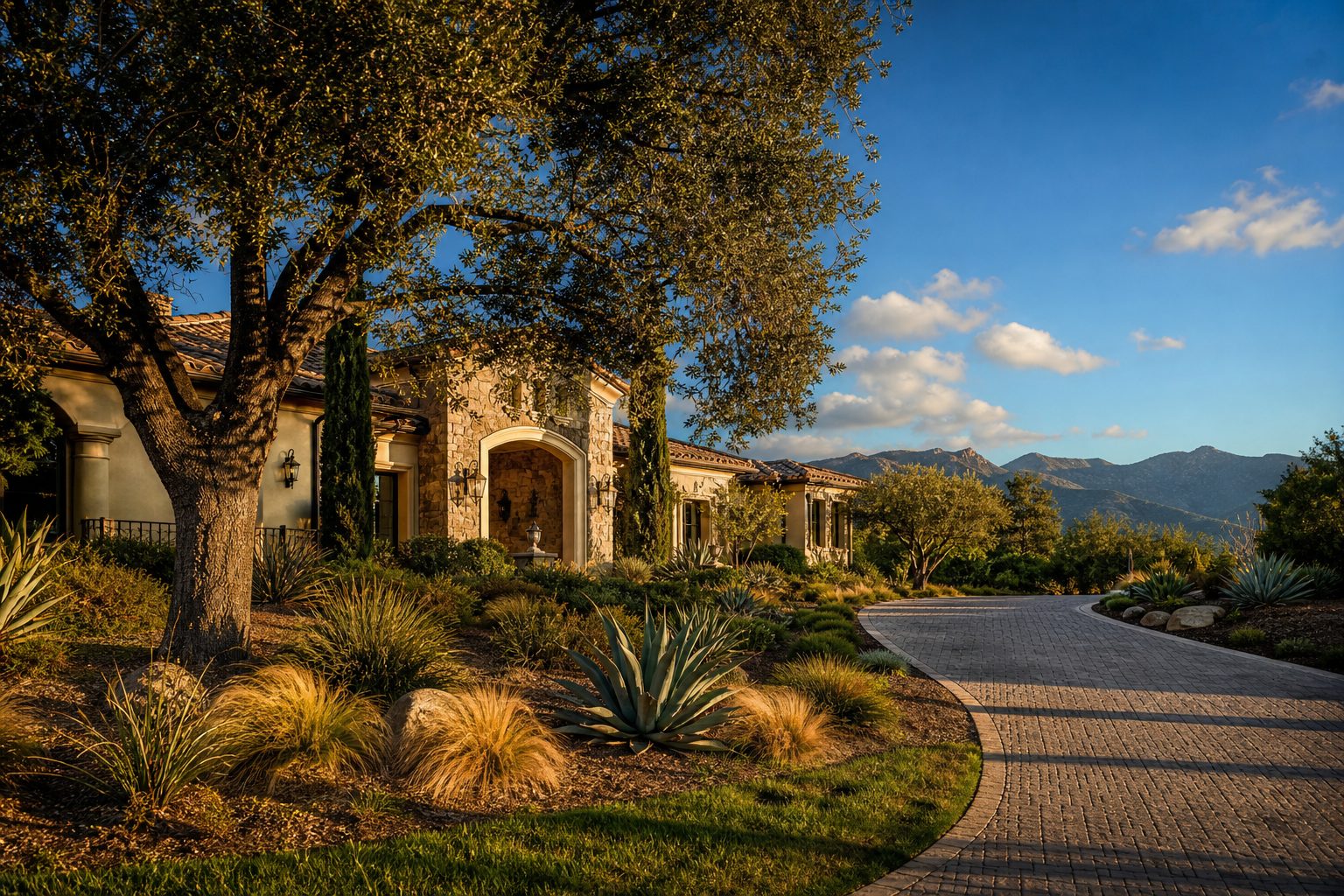 Luxury foothill estate in Alta Loma with native oak trees, stone driveway, and San Bernardino mountains in background.
