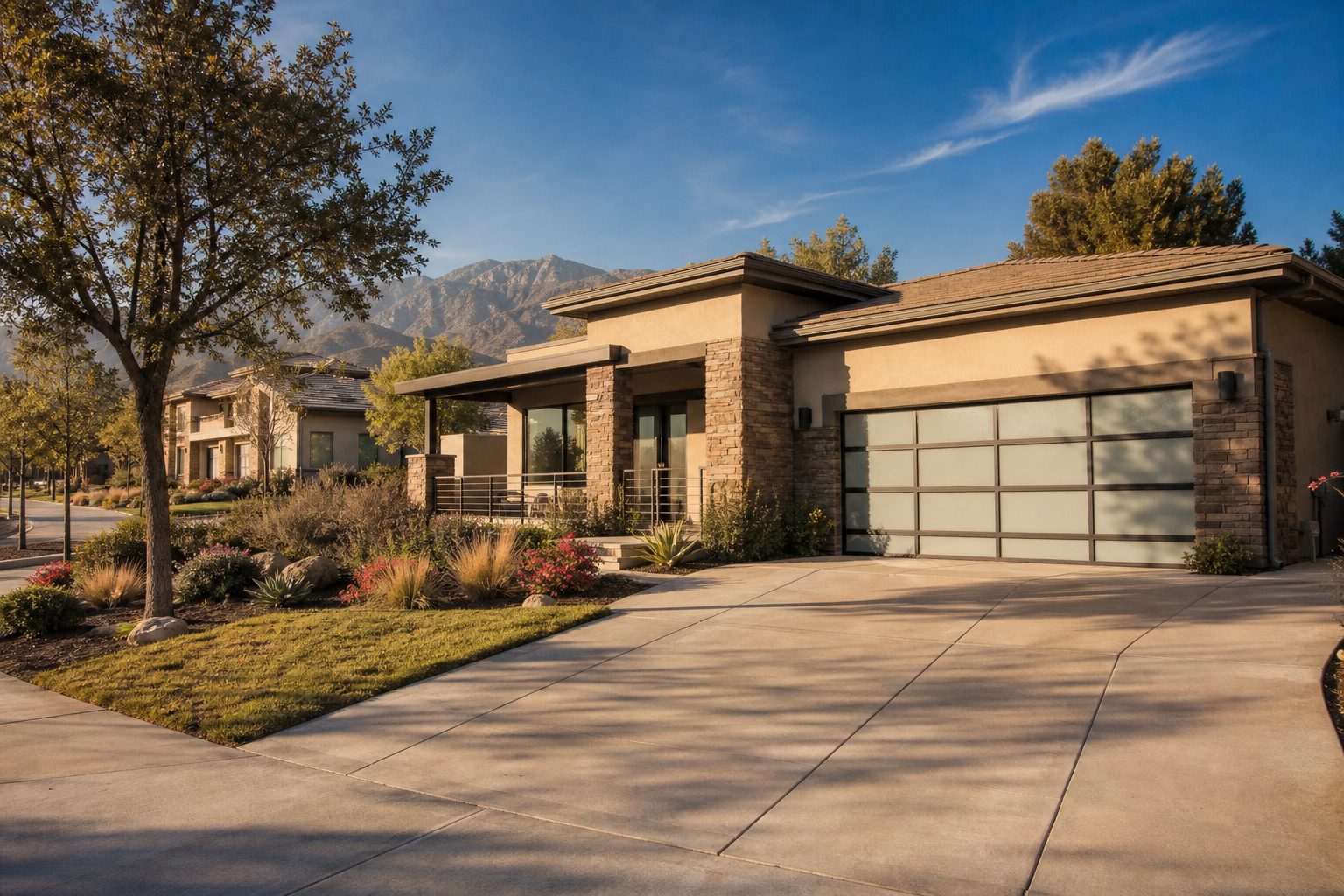 Contemporary home with two-car garage, desert landscaping, and San Gabriel Mountain views in south Rancho Cucamonga.