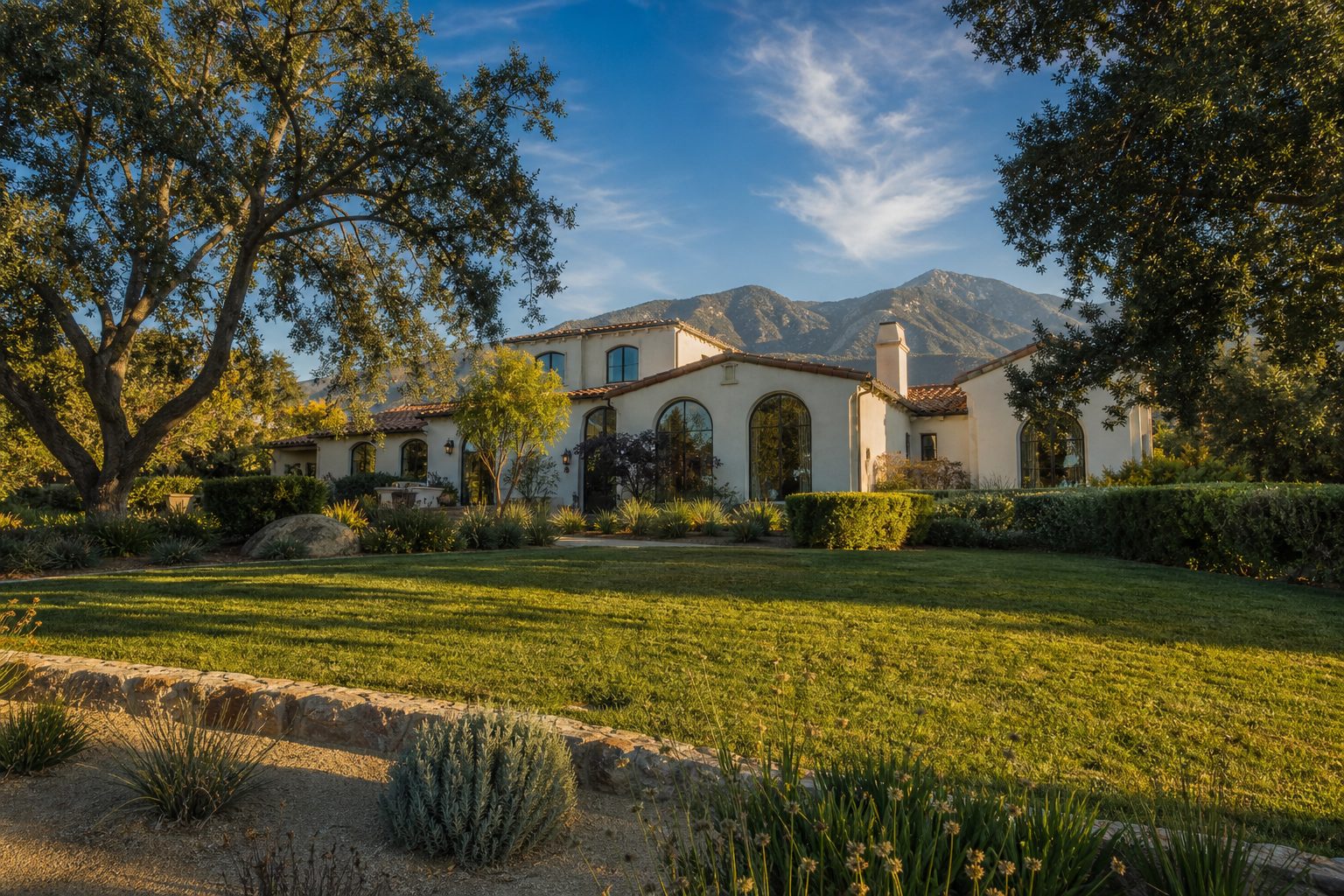 Luxury Spanish Colonial home with mature oak trees and San Gabriel Mountain views in Etiwanda foothills, Rancho Cucamonga.