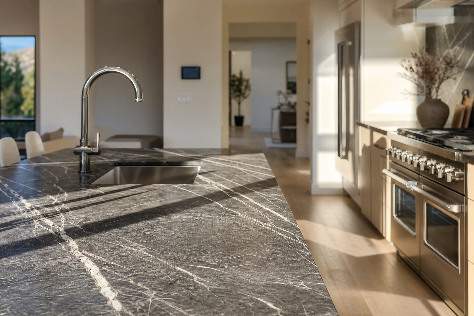 Custom kitchen with quartzite counters and stainless appliances in a high-end Deer Creek home.