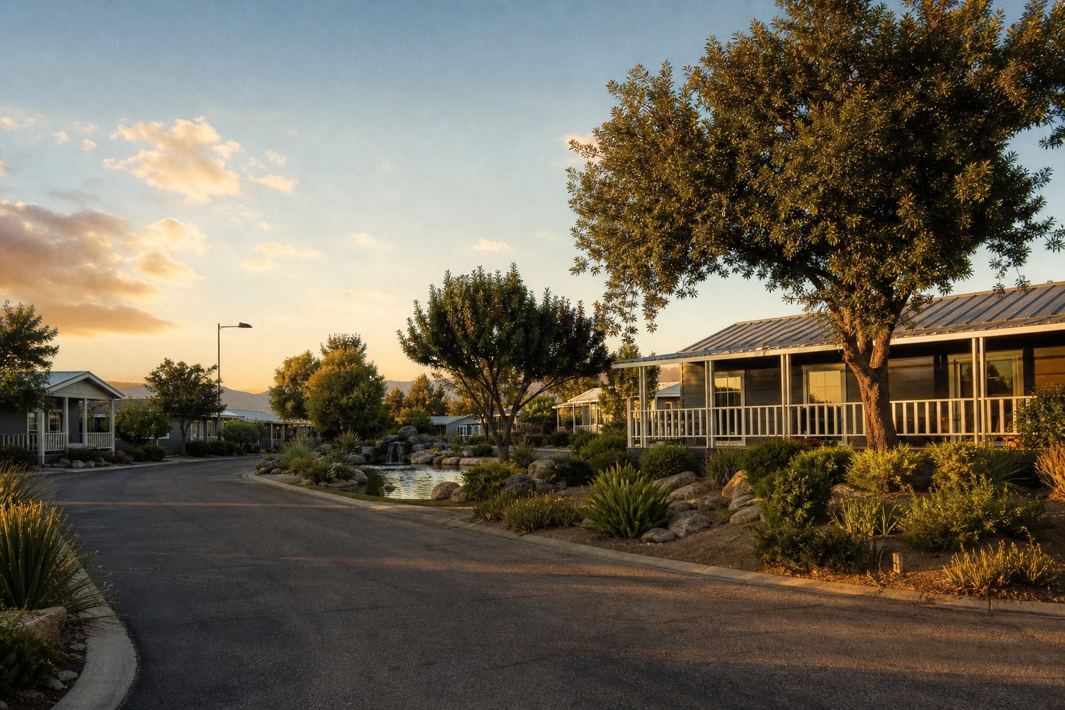 Manufactured-home community street in Alta Loma with landscaping, pitched-roof homes, and distant koi pond at golden hour.