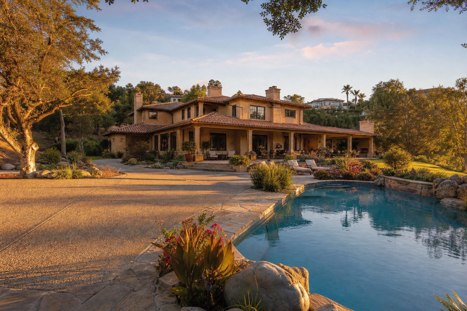 Luxury Mediterranean home with mature landscaping, resort pool, and established foothill location in Alta Loma, Rancho Cucamonga.