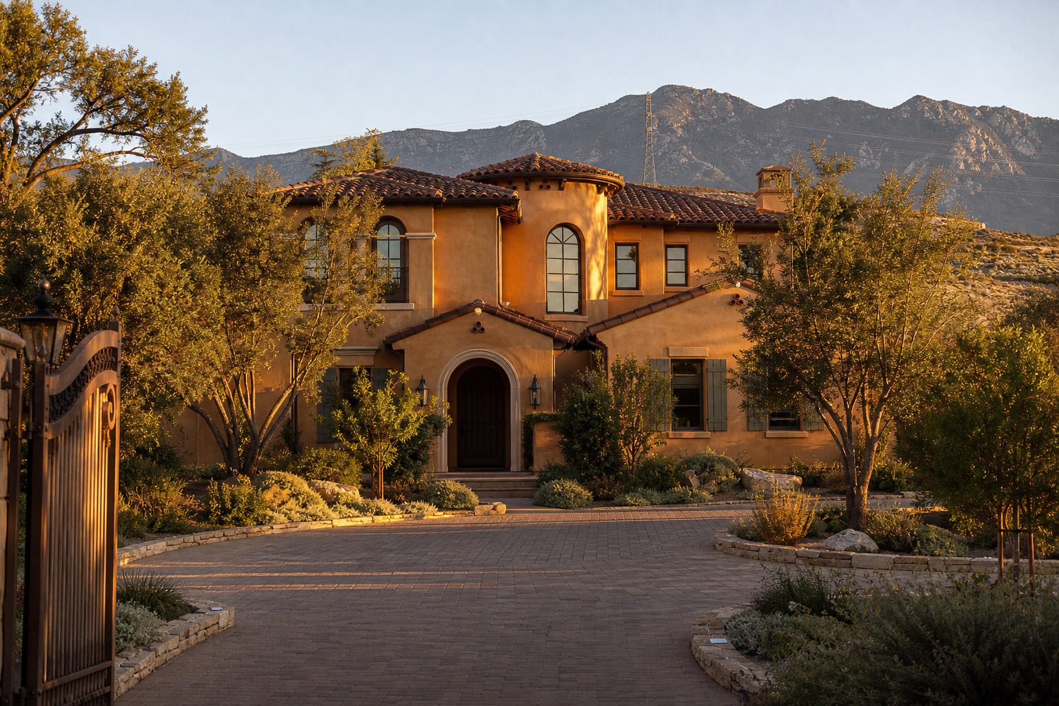 Two-story Mediterranean estate with stucco walls and tile roof set against San Gabriel foothills in North Etiwanda, Rancho Cucamonga.