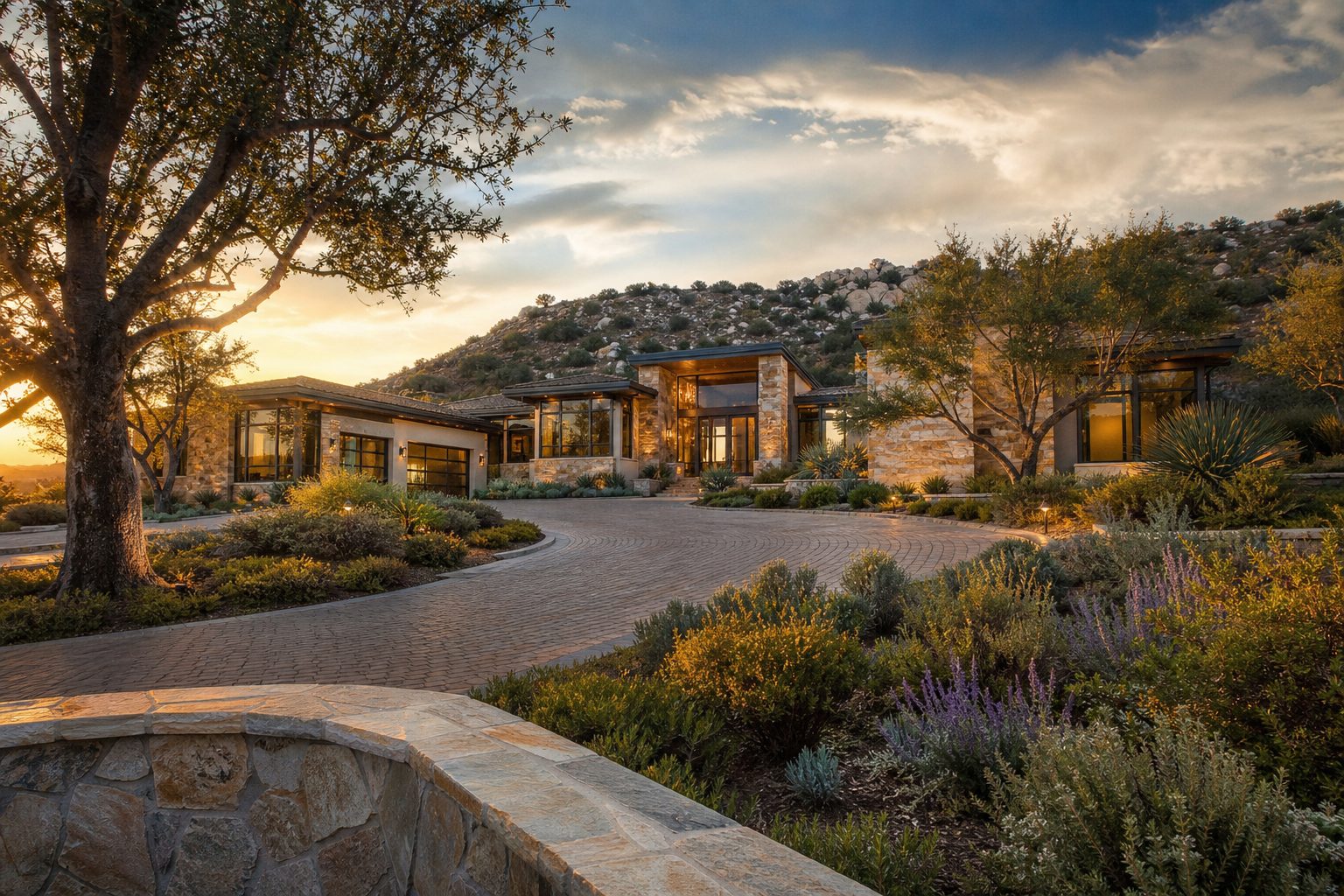 Contemporary luxury estate home on elevated Deer Creek lot with native desert landscaping and stone driveway in golden afternoon light.