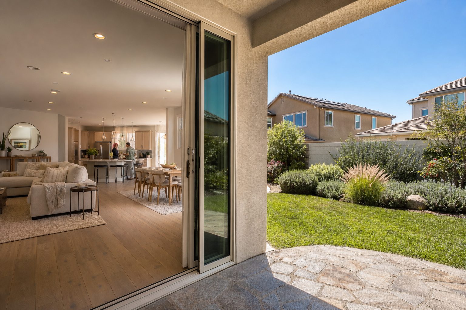 Home interior viewed through sliding glass door toward patio and landscaped yard, typical central Rancho Cucamonga residential property.