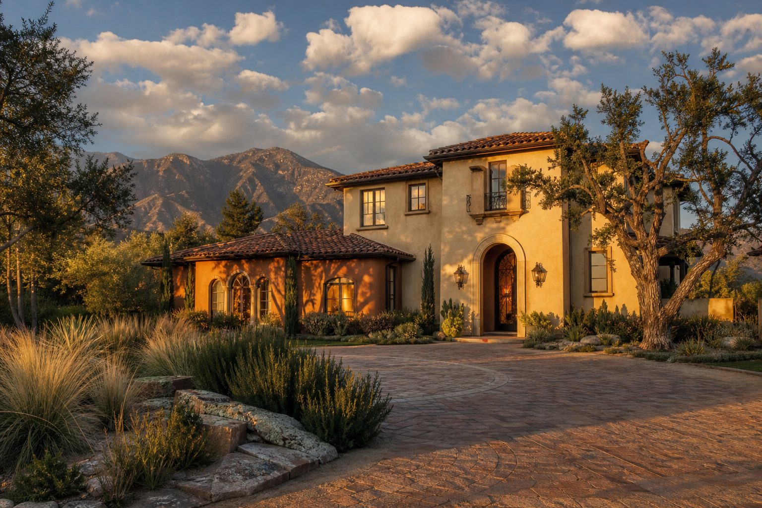Cream and terracotta Mediterranean home in Alta Loma with mature landscaping and mountain views at golden hour.