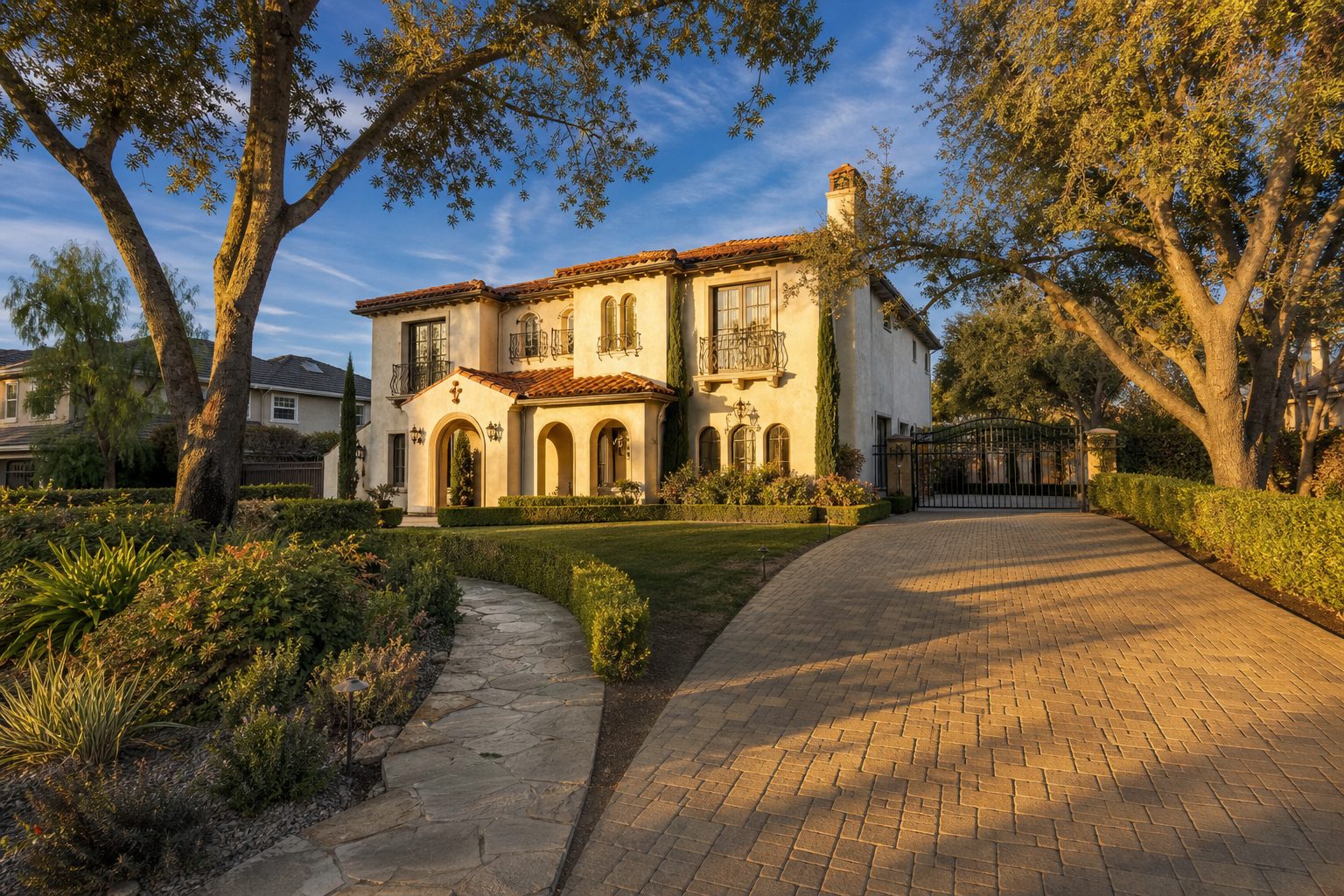 Two-story Mediterranean-style home with mature pepper trees and clay tile roof in Rancho Cucamonga during golden hour.