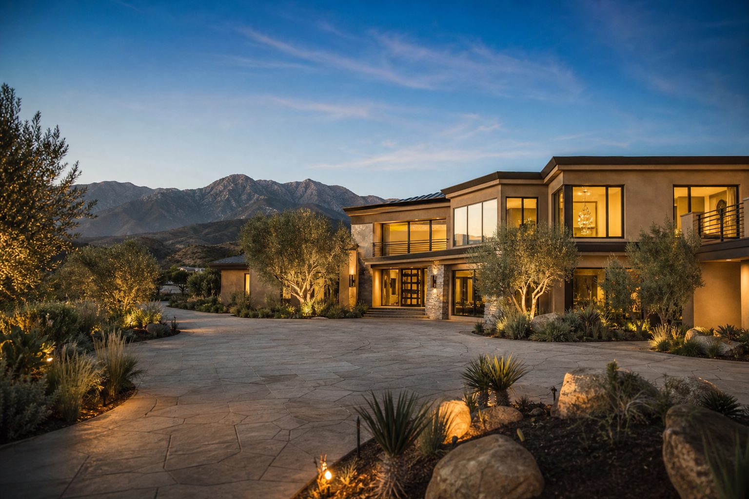 Contemporary estate home in Alta Loma foothills with mountain views, circular driveway, and native landscaping at golden hour.