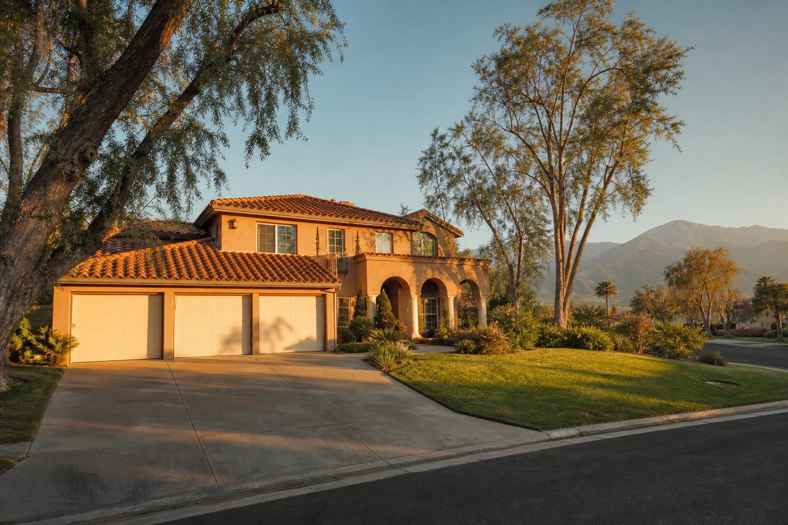1990s Mediterranean two-story home with tile roof and mature trees on residential Etiwanda lot in Rancho Cucamonga.