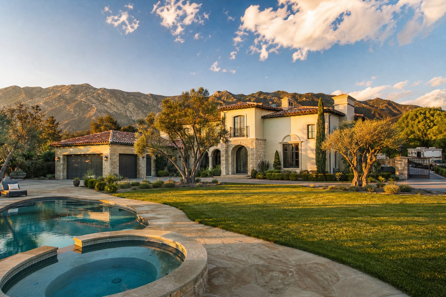 Luxury estate in north Alta Loma with pool, spa, mountain views, and mature landscaping at golden hour.