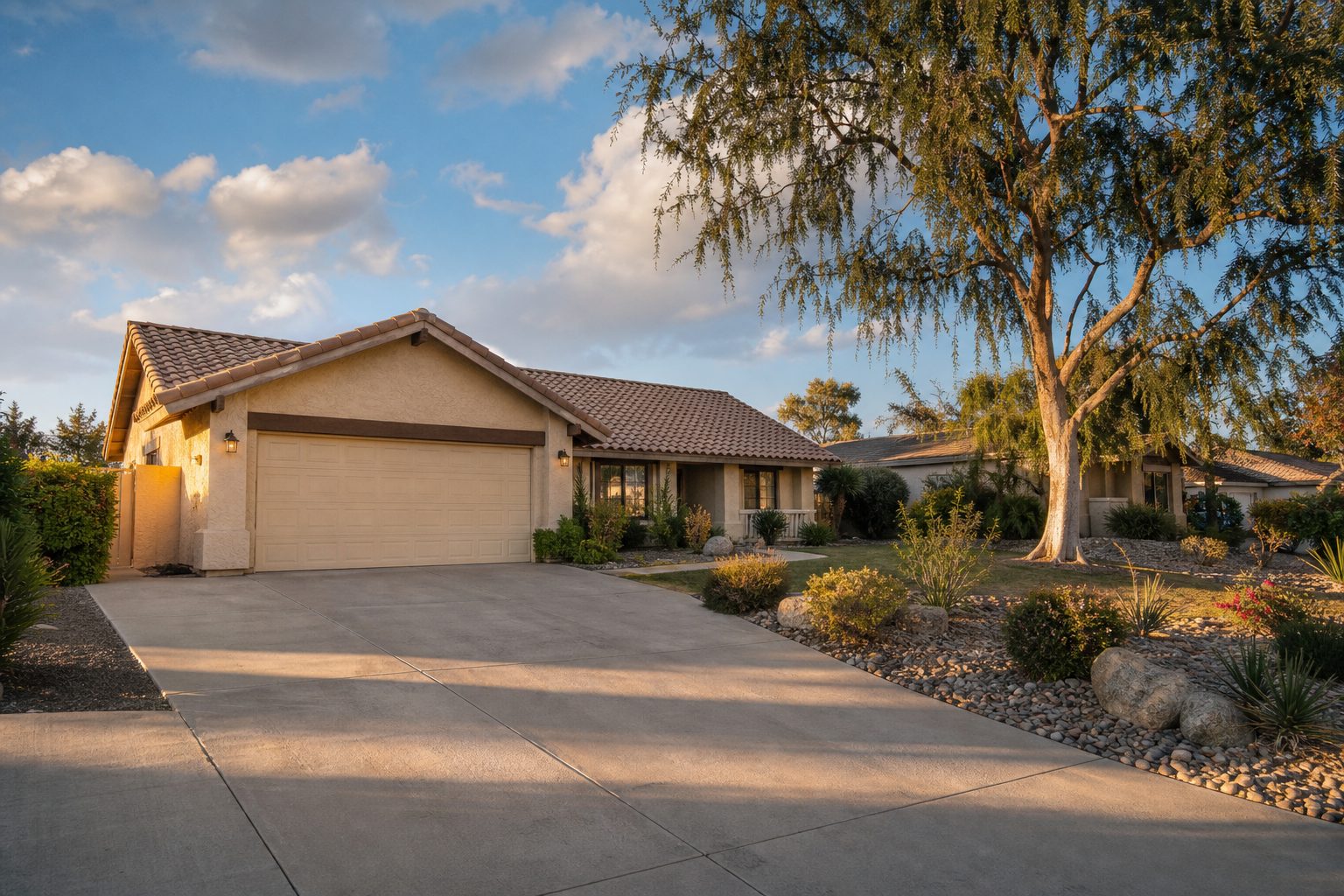 Single-story stucco ranch home with mature pepper tree and drought-resistant landscape in Rancho Cucamonga foothills neighborhood.