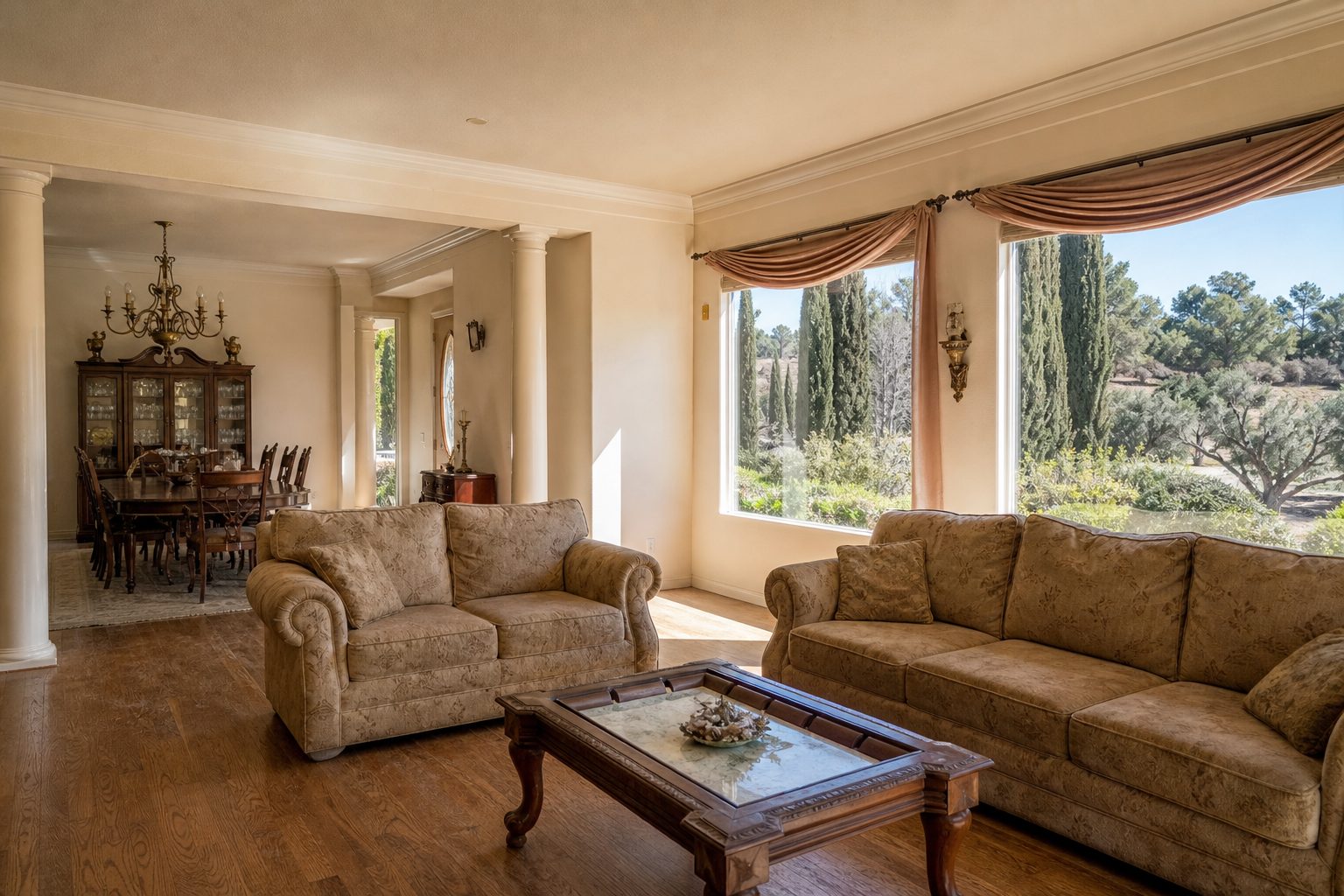 Sun-filled interior of established Rancho Cucamonga home showing natural light through windows and mature landscape beyond.