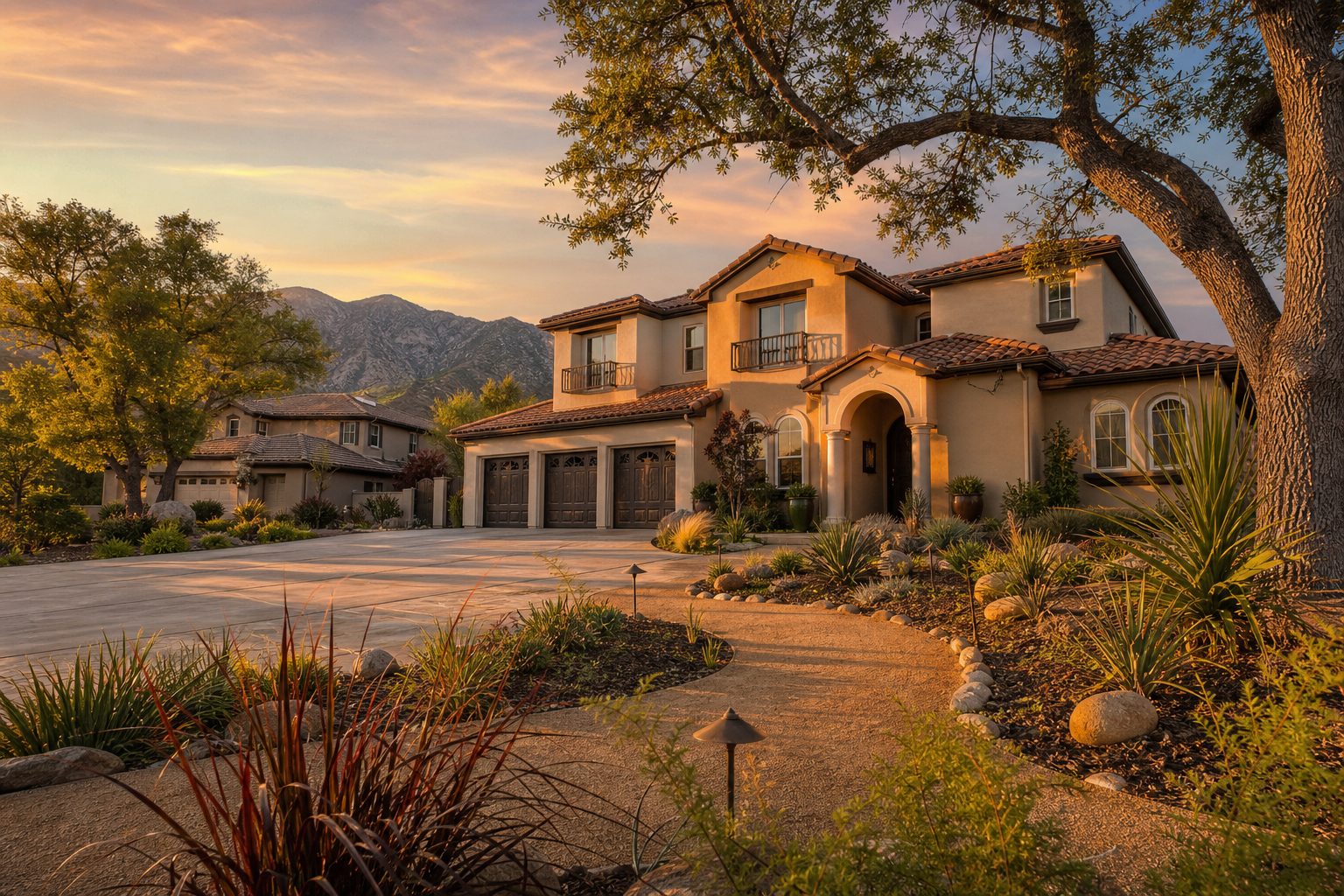 Two-story Mediterranean home with stucco facade and clay tile roof on a foothill lot in Rancho Cucamonga, surrounded by mature oak trees and