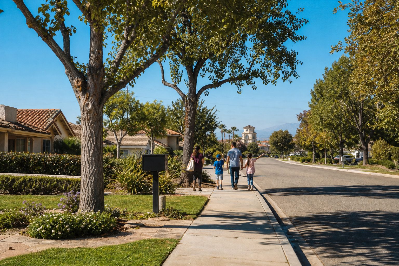 Tree-lined residential street with mid-century homes and a family walking in central Rancho Cucamonga neighborhood.