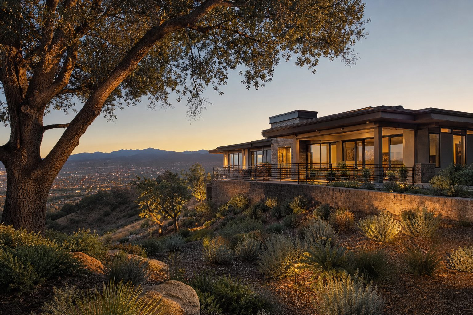 Modern luxury estate on Alta Loma foothill with valley views, native oaks, and contemporary architecture in Rancho Cucamonga.