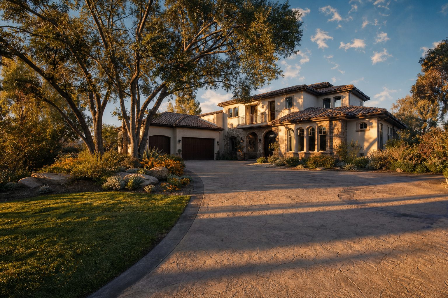 Two-story Mediterranean home with stucco facade and clay tile roof on tree-lined Etiwanda lot in Rancho Cucamonga.