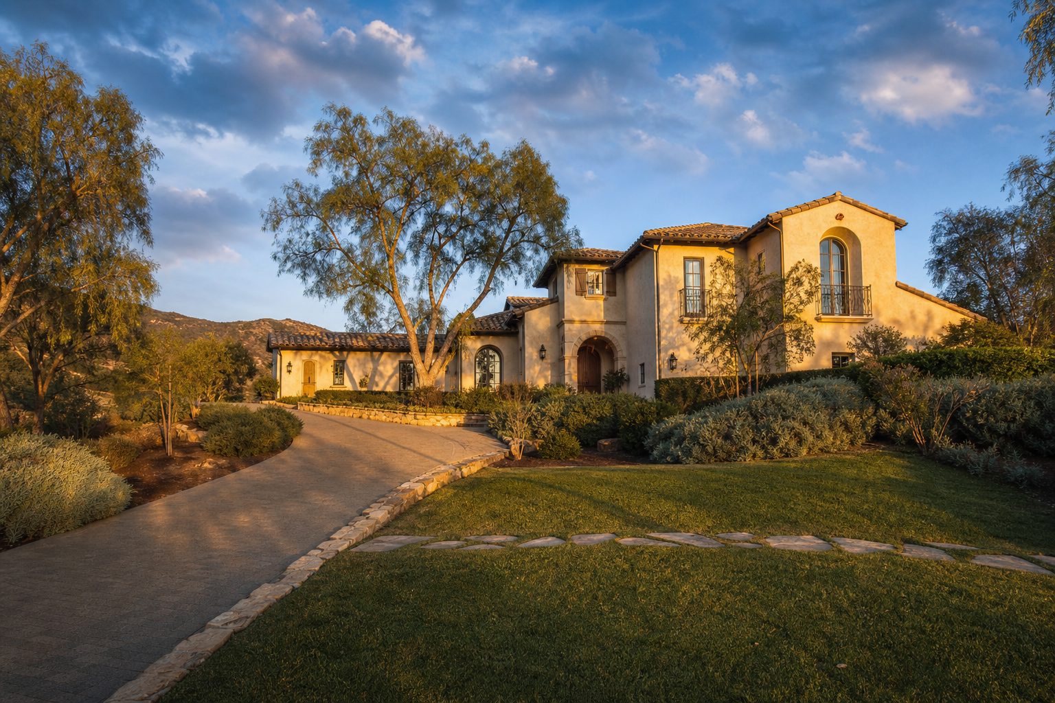 Mediterranean-style two-story home with cream stucco and tile roof in Alta Loma's Deer Creek neighborhood, afternoon sunlight casting long shadows