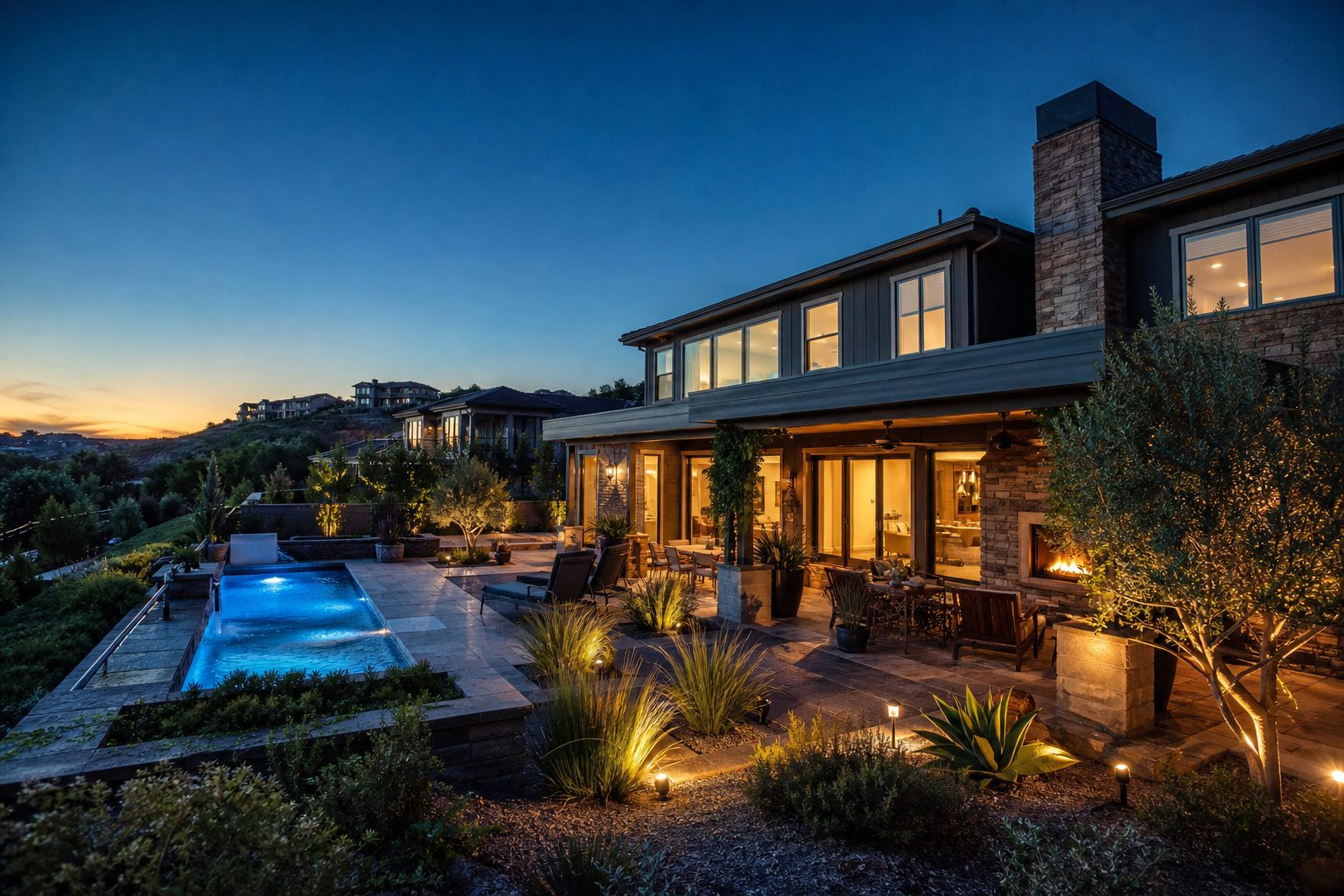 Luxury contemporary home with finished outdoor entertaining space and warm interior light in established Etiwanda foothill community, Rancho