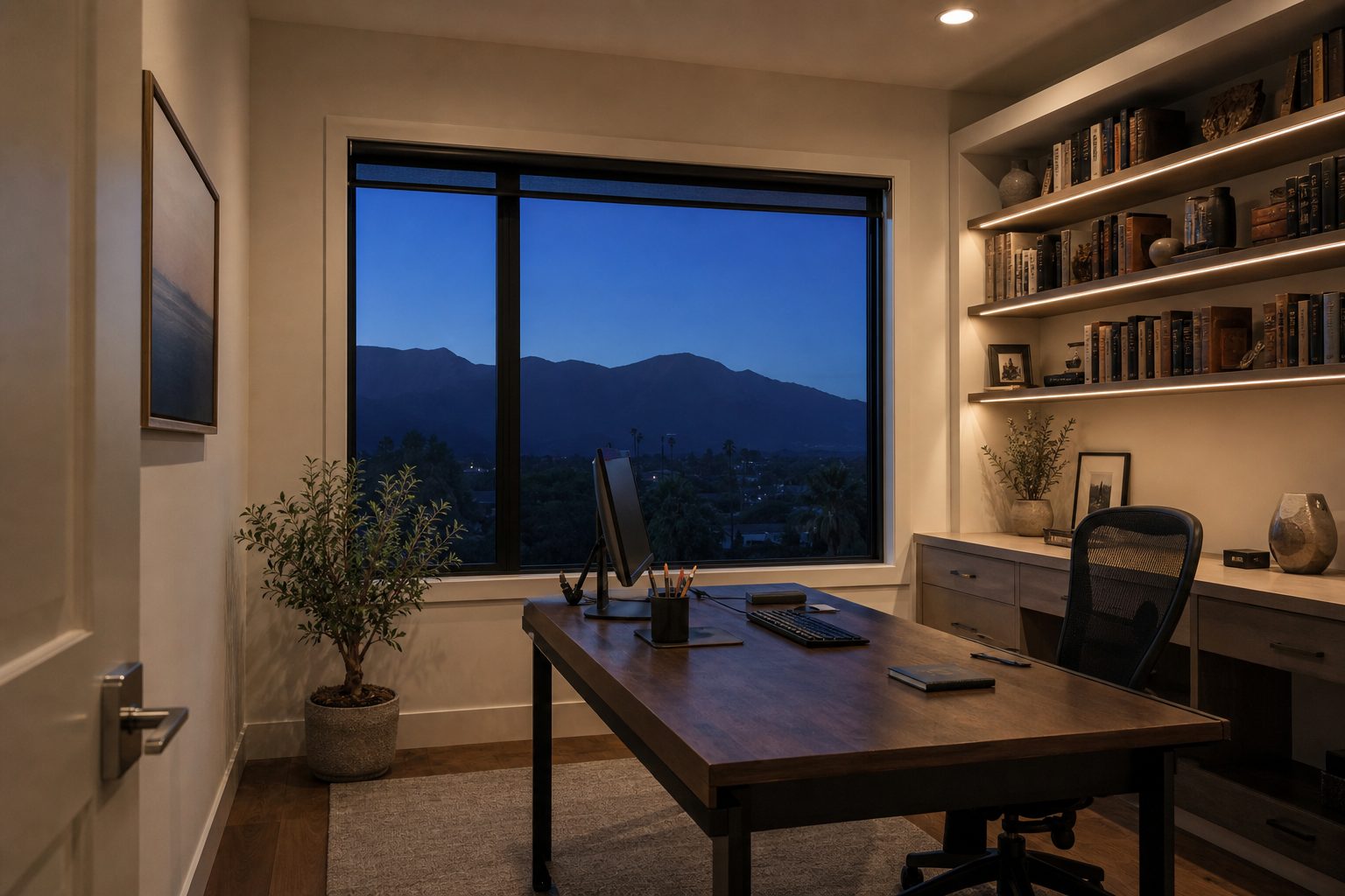 Dedicated home office in luxury Alta Loma home with mountain views, built-in shelving, desk, and window light at twilight.