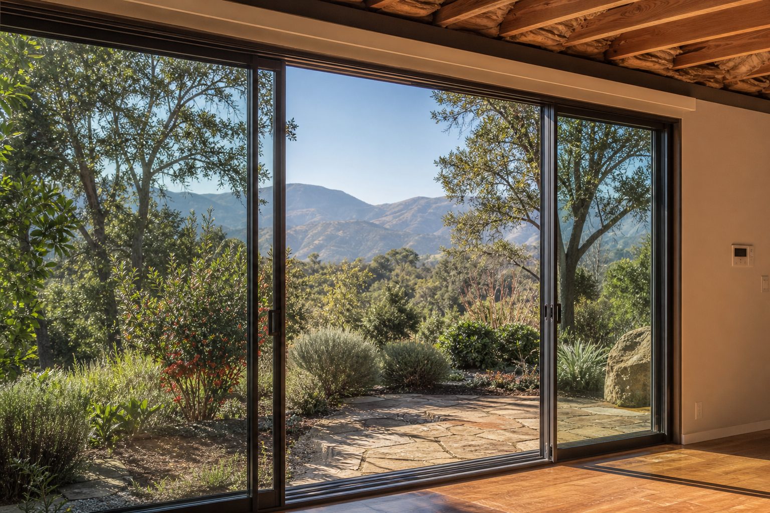 Bright interior view through sliding glass door showing heritage oaks and mountains beyond in Etiwanda's Haven View Estates neighborhood.