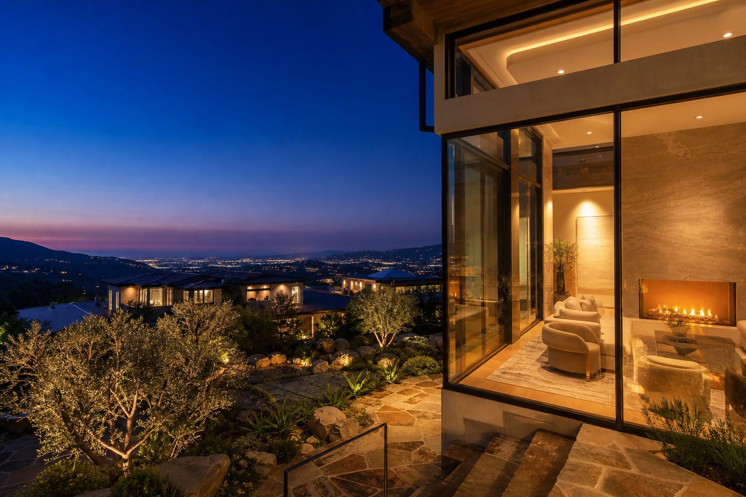 Luxury modern home interior at twilight in Haven View Estates foothills overlooking Rancho Cucamonga valley with warm interior lighting and mature