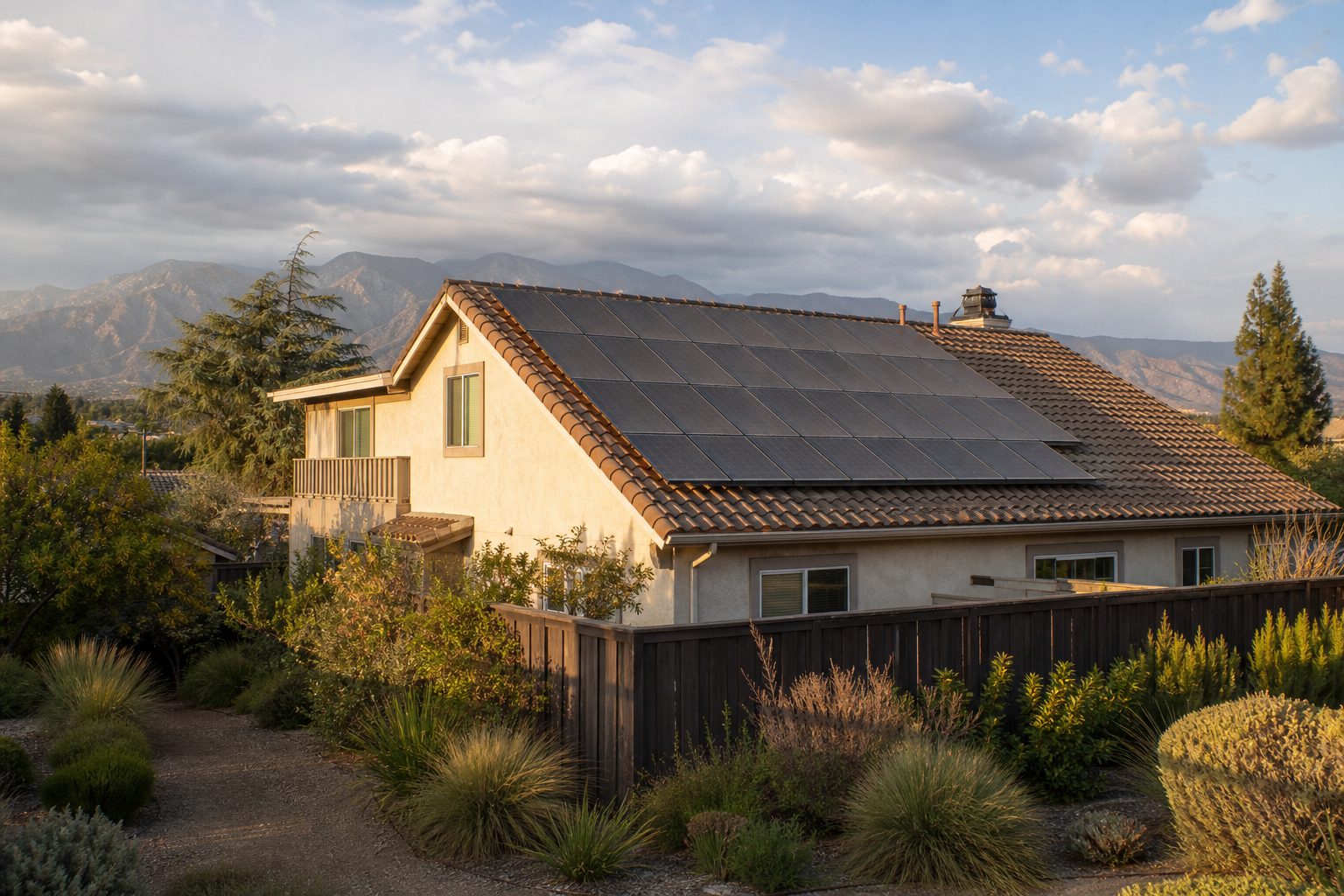 Two-story stucco home with solar panels on south-facing roof in Rancho Cucamonga foothill neighborhood at sunset.