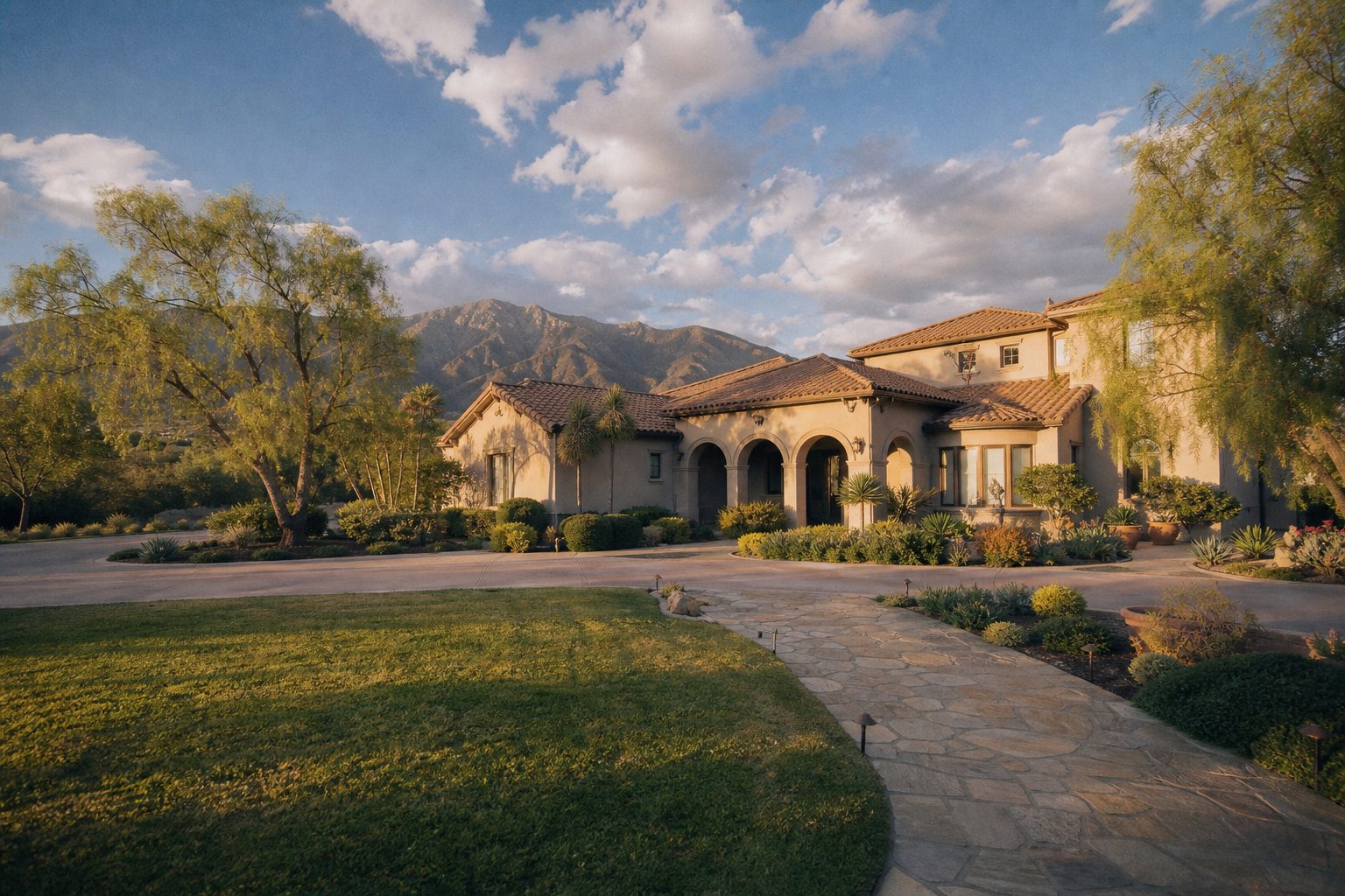 Two-story Deer Creek estate with stucco exterior and tile roof set on a hillside lot with mature trees and San Gabriel Mountains visible in the