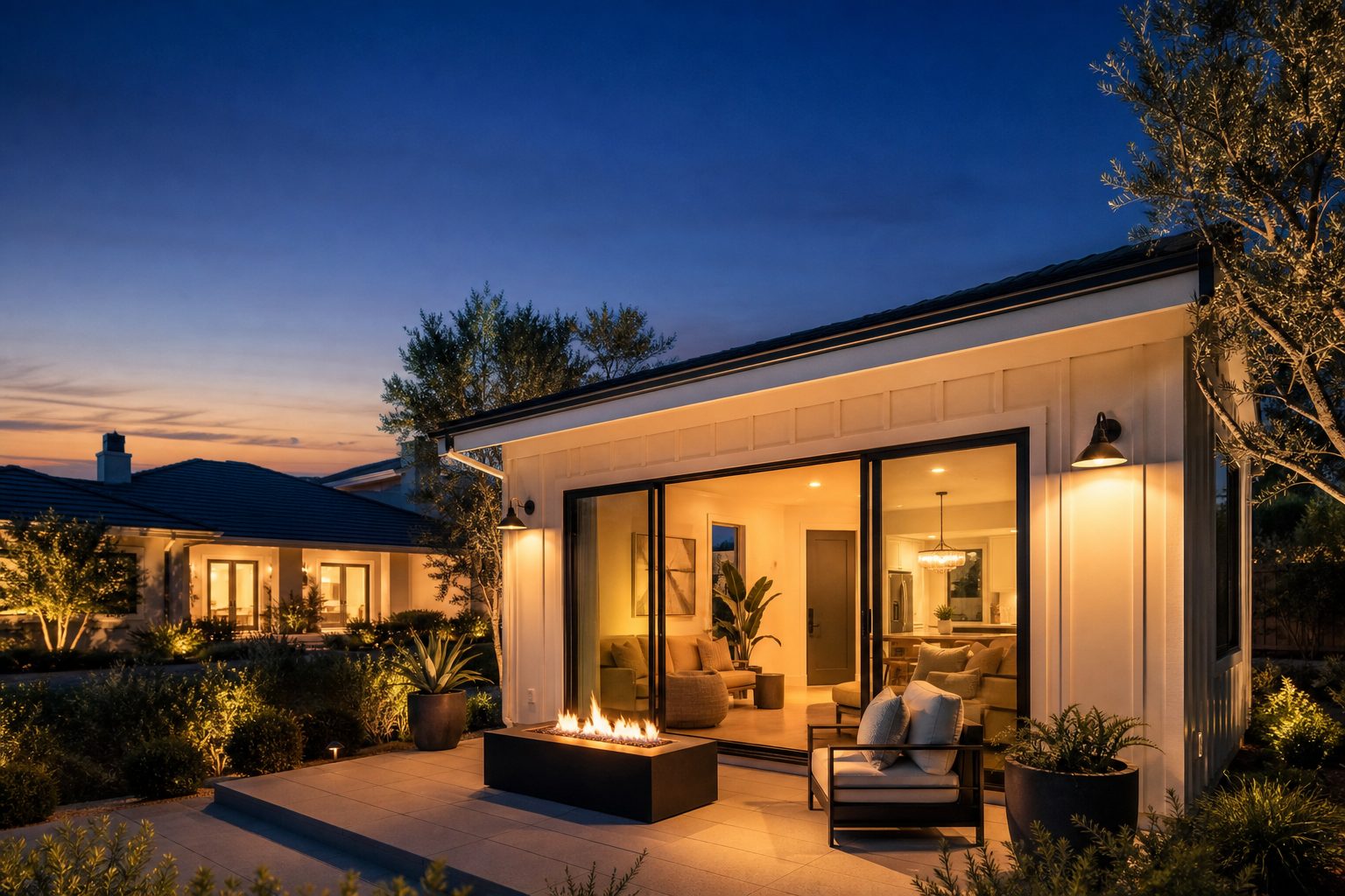Twilight view of an illuminated guest house behind the main residence on an Etiwanda estate property.