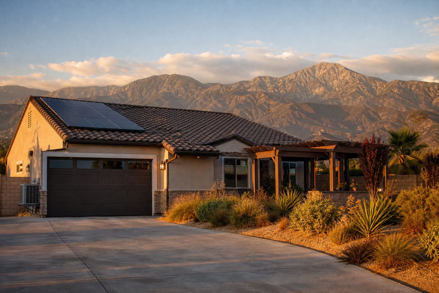 Modern single-story home with tile roof and block fencing in Alta Loma foothills, San Gabriel Mountains in background.