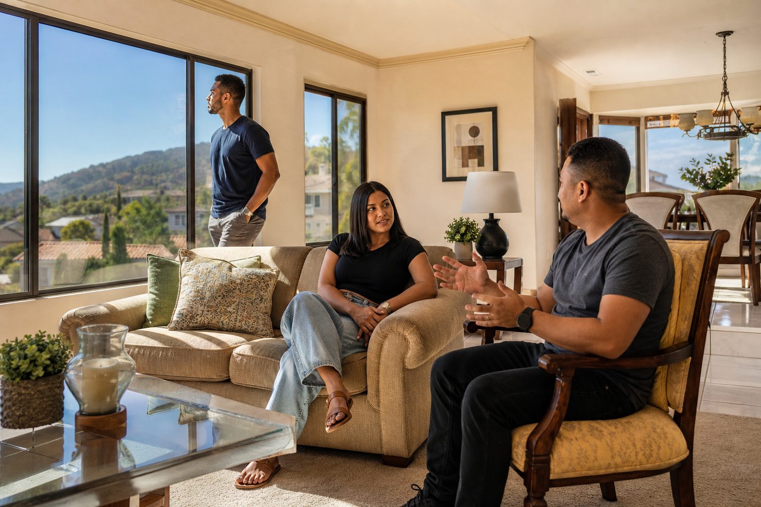 Three adult siblings in candid conversation within light-filled living room of inherited Rancho Cucamonga home with foothill views.
