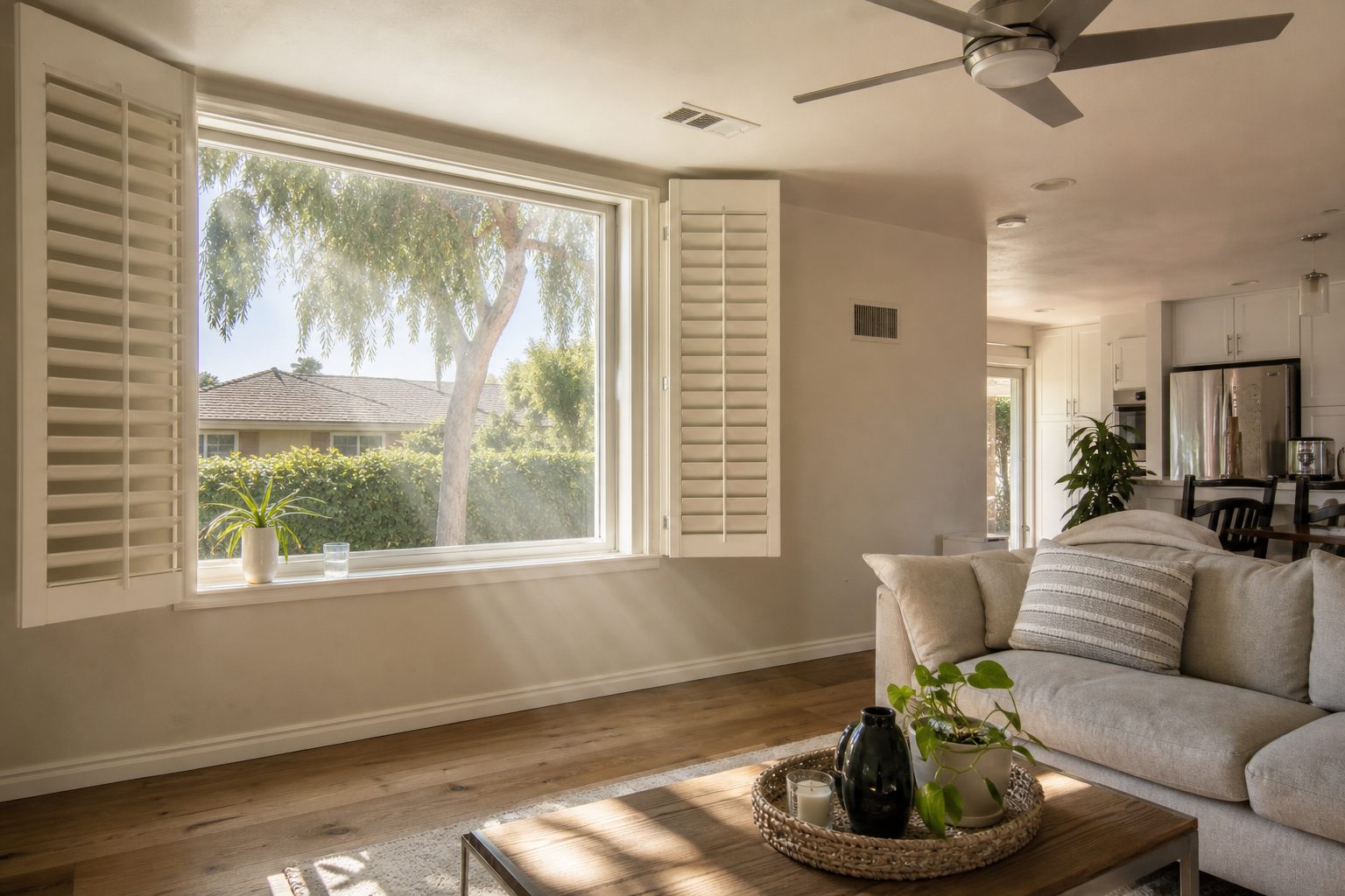 Bright interior living space with large south-facing windows overlooking mature Rancho Cucamonga landscaping and neighbor properties.