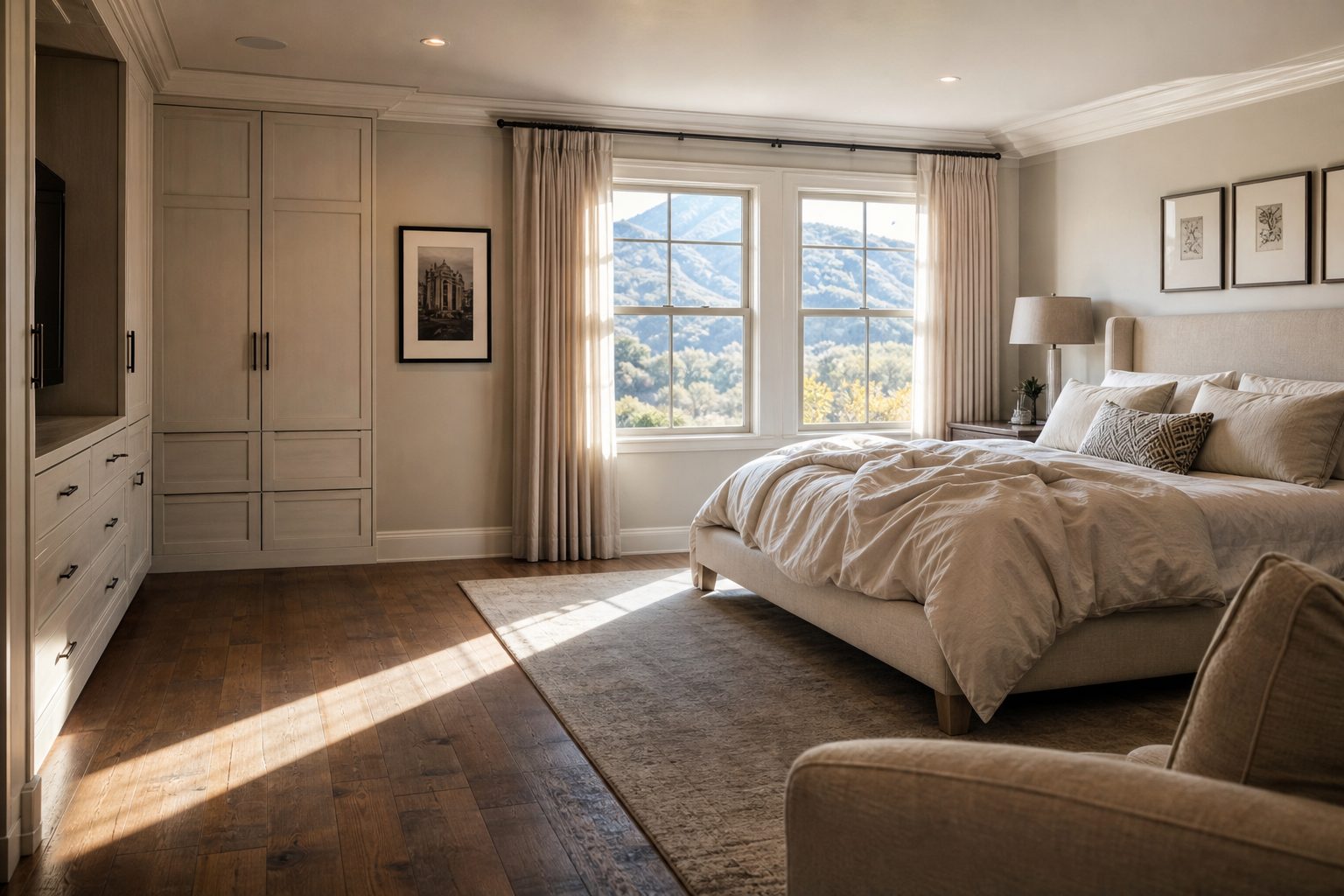 Bright modern bedroom suite in a Haven View Estates luxury home with large windows overlooking Rancho Cucamonga foothills and soft natural light.