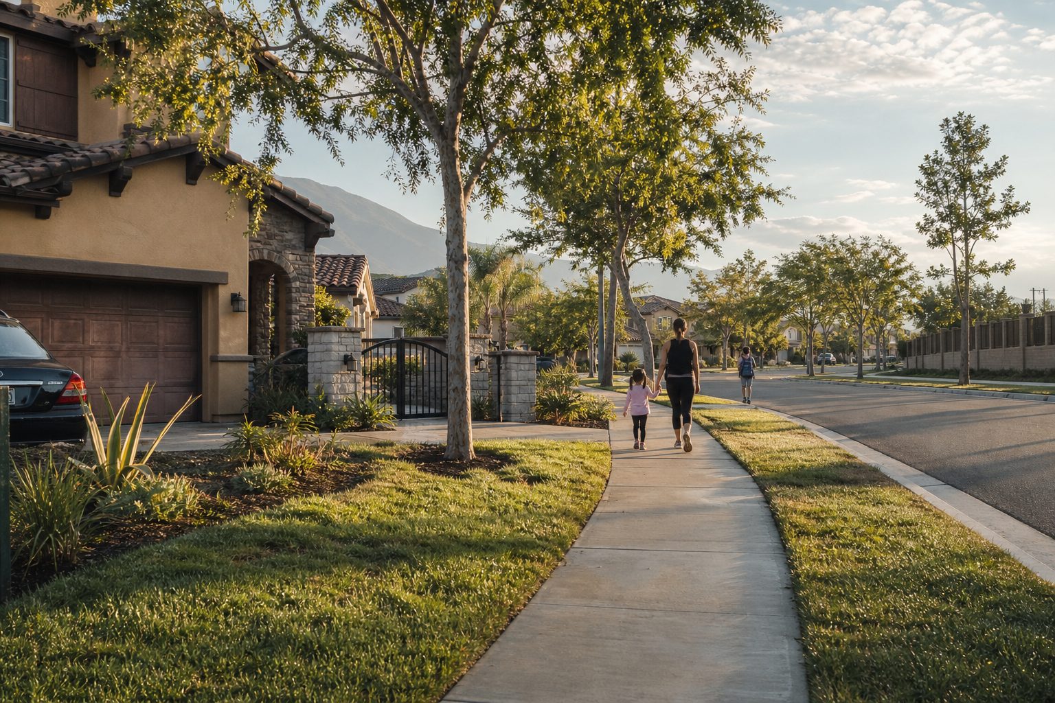 Family walking on tree-lined residential street in Etiwanda with newer construction homes and San Gabriel Mountain proximity.