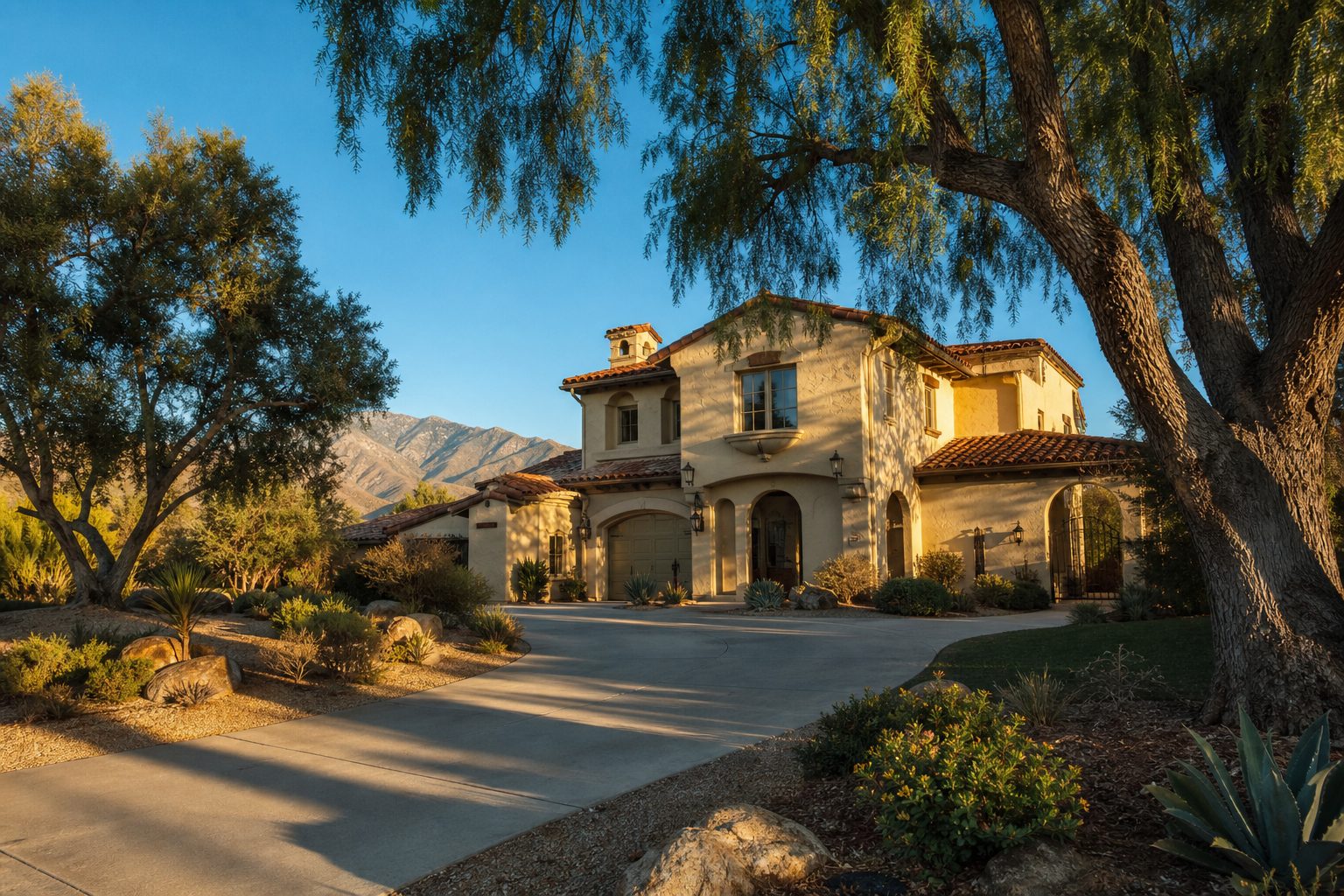 Mediterranean-style two-story home with terra-cotta tile roof in Rancho Cucamonga foothill community at golden hour.
