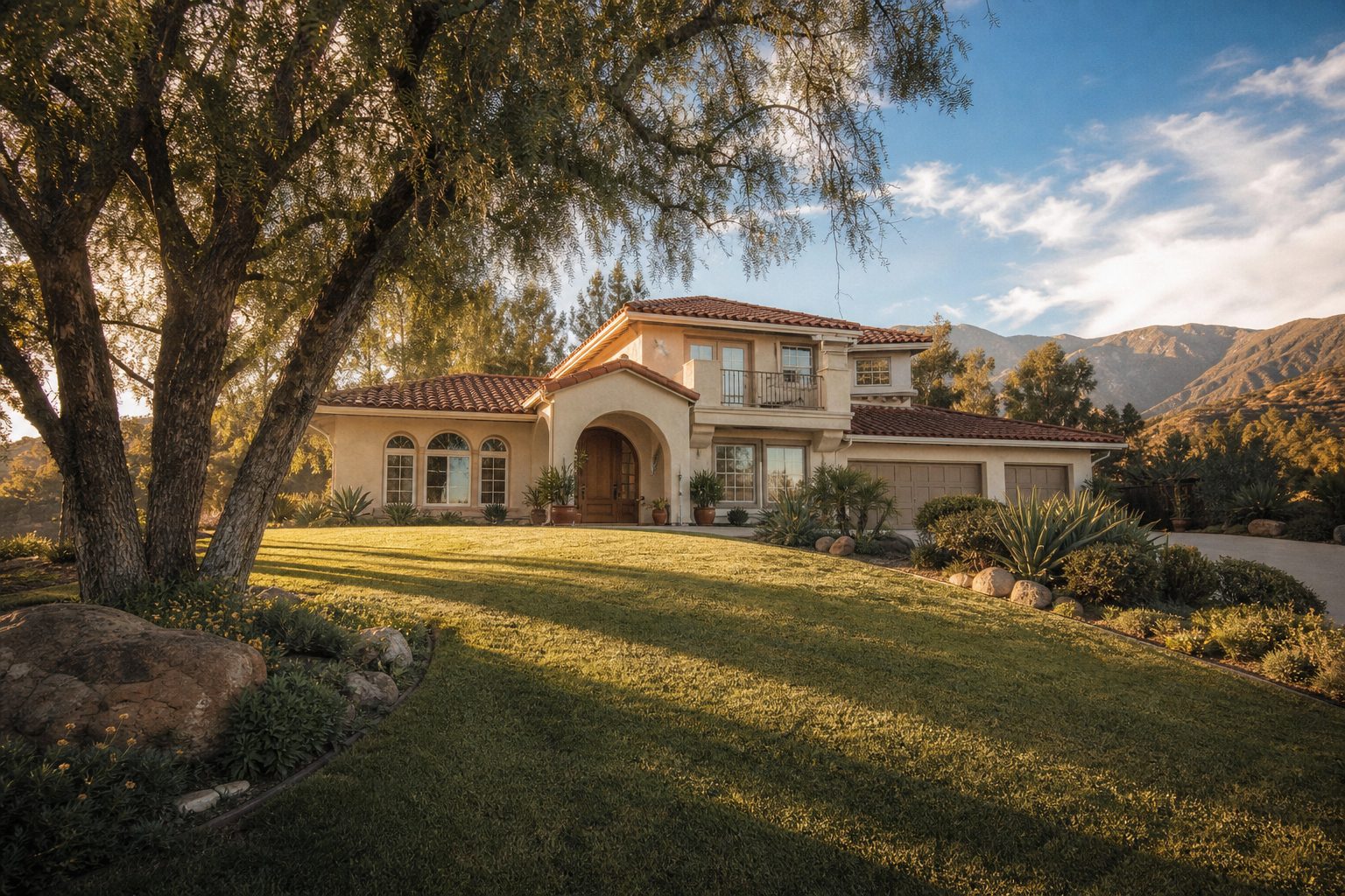 Two-story Mediterranean home with terracotta tile roof in Deer Creek foothills, Rancho Cucamonga, golden hour light casting long shadows.