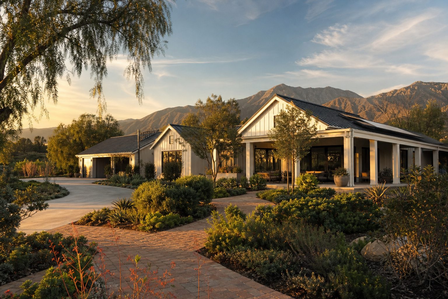 Single-story luxury home with mountain views in Etiwanda Estates foothills, covered patio, native landscaping, and three-car garage.