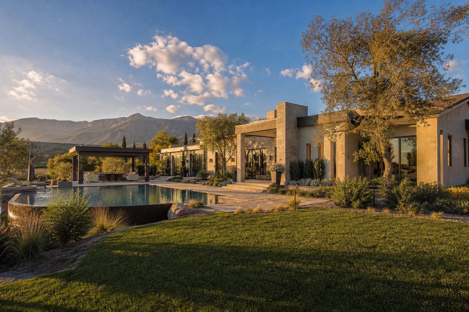 Contemporary Etiwanda home with pool, mature landscaping, and unobstructed San Gabriel Mountain views at sunset.