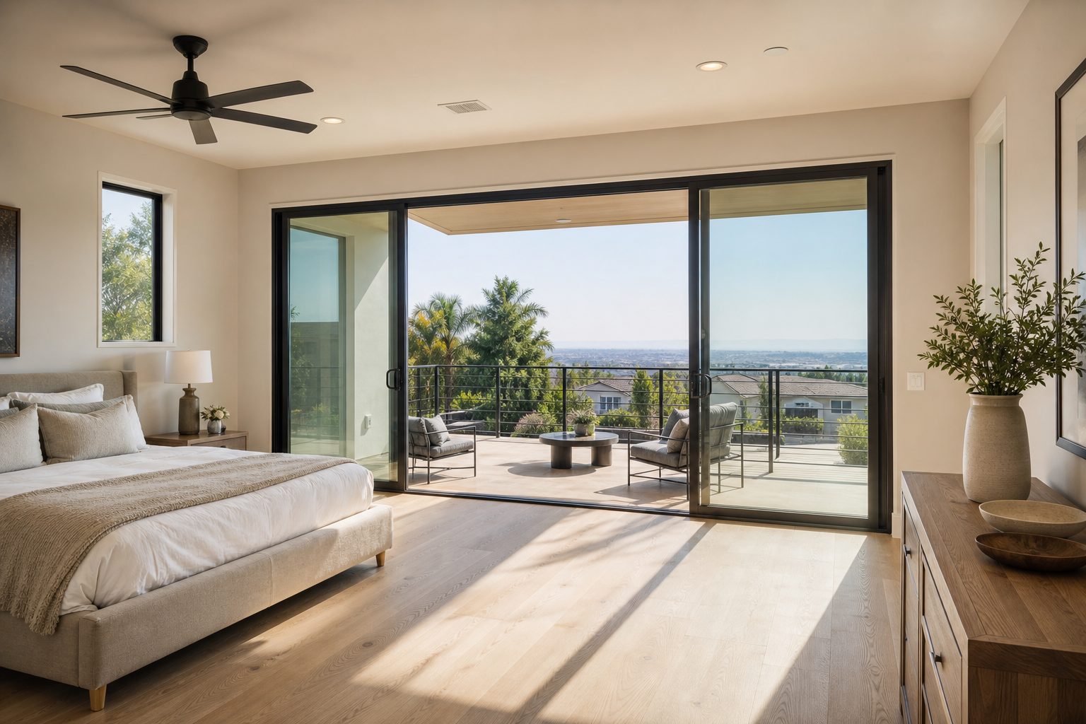 Master bedroom with sliding glass doors overlooking valley in contemporary Rancho Cucamonga home with natural light.