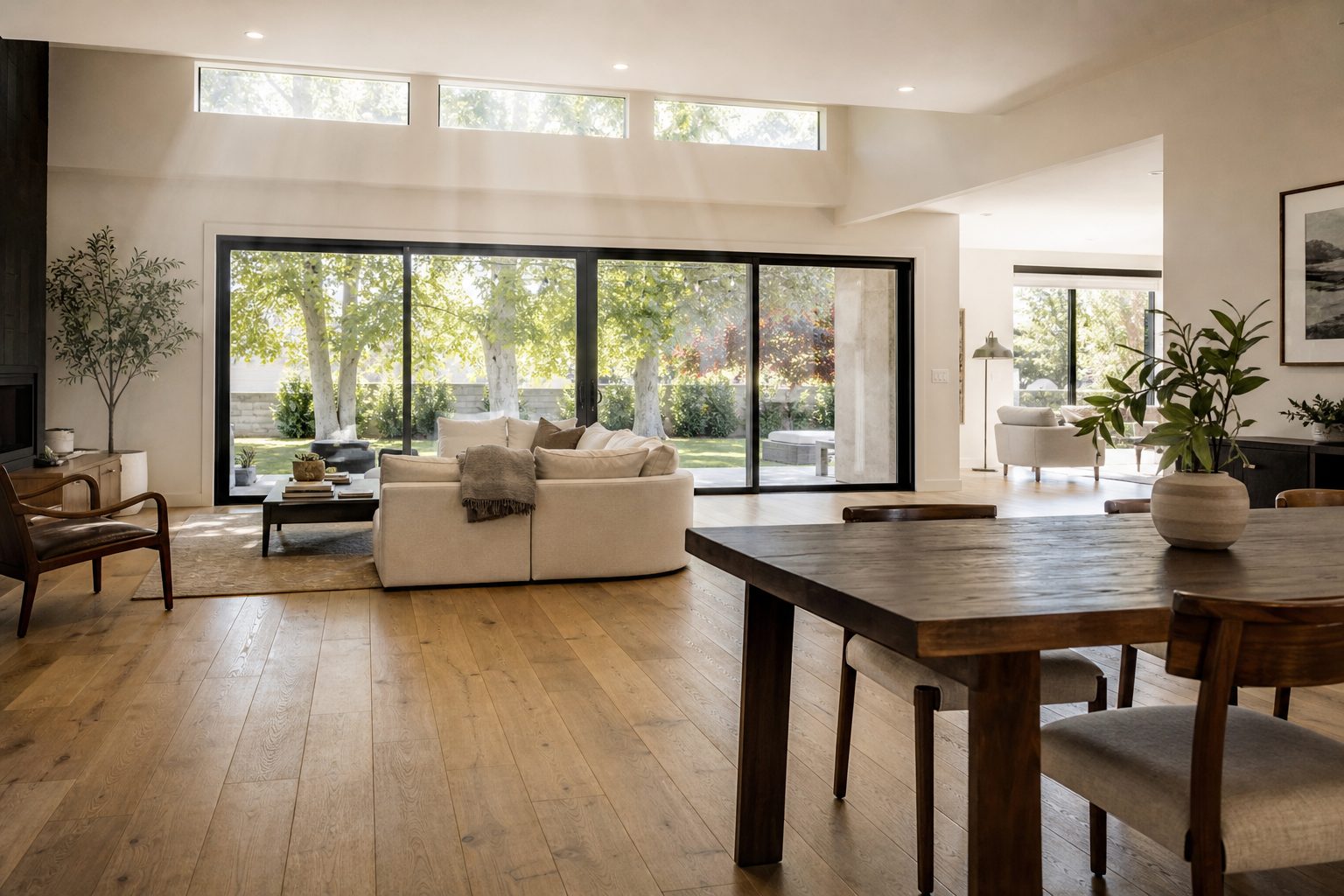 Open-concept living room with oak flooring and glass doors opening to backyard trees in Rancho Cucamonga family home.