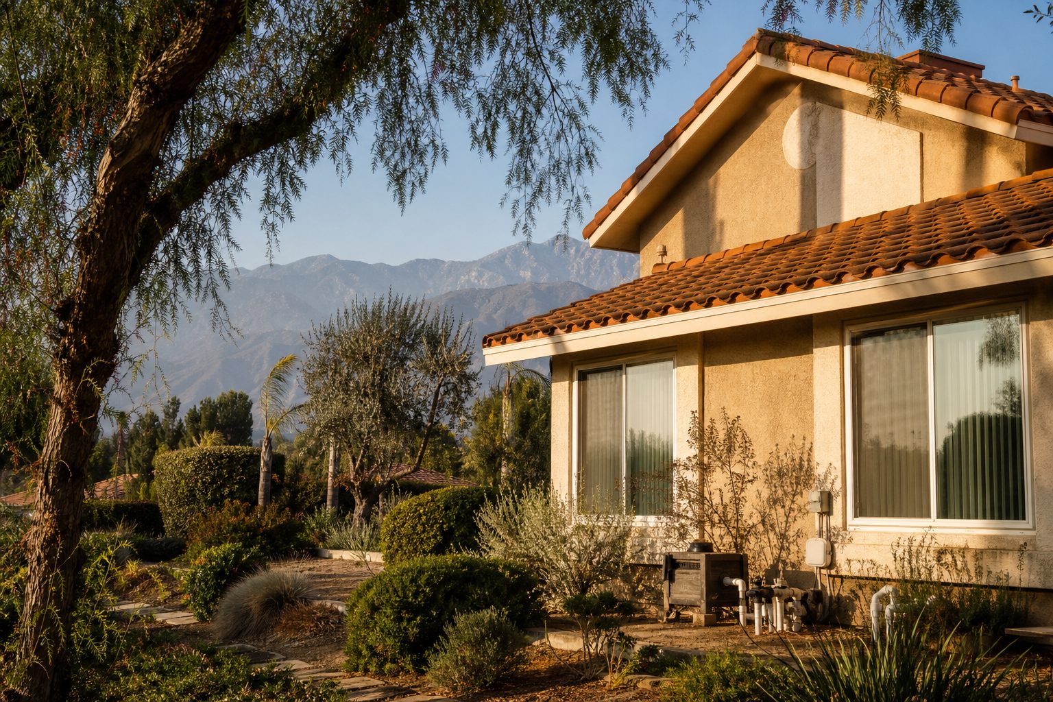 Desert-landscaped 1980s stucco home with pool pump and smart irrigation in Rancho Cucamonga's Deer Creek neighborhood at sunset.